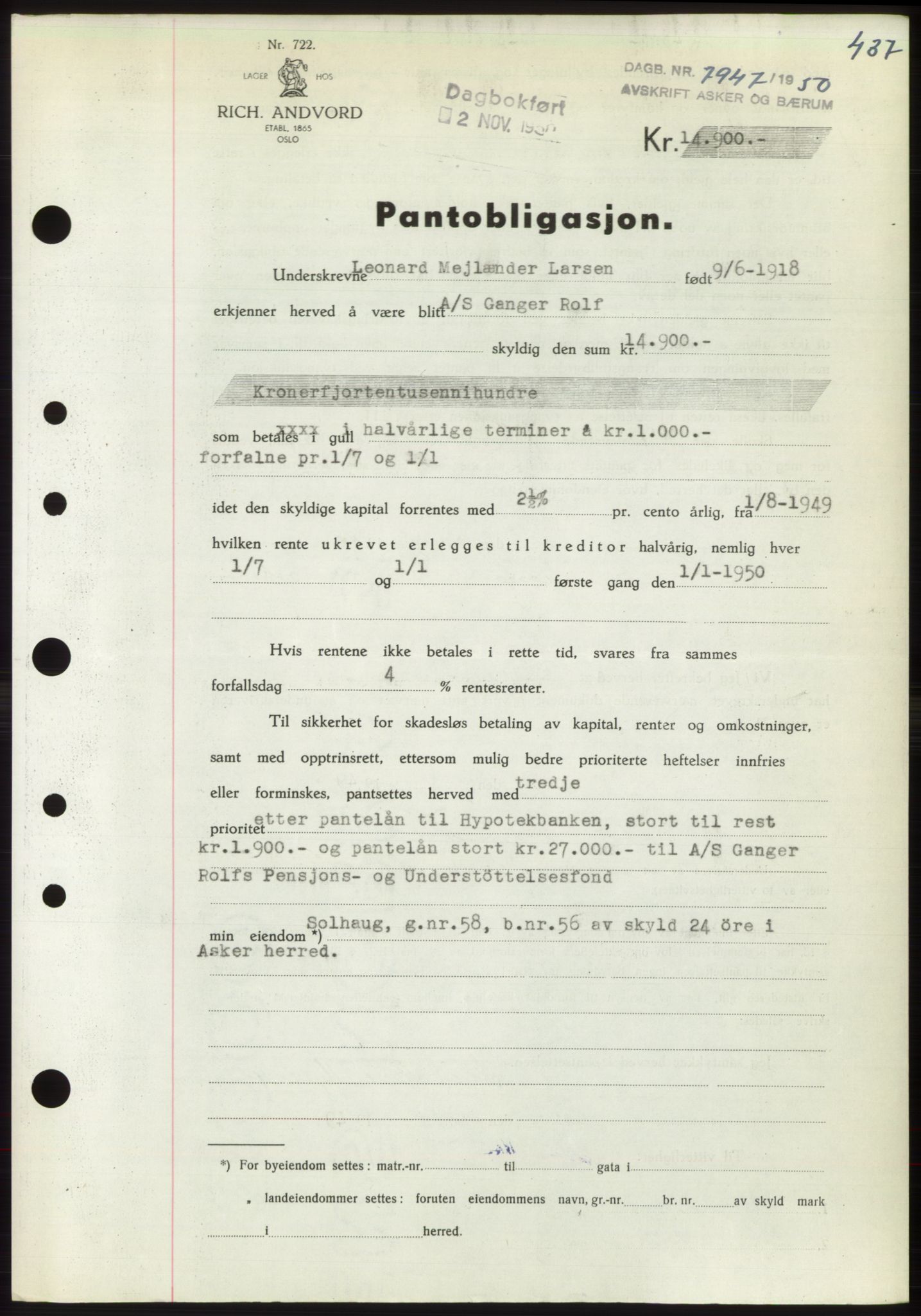 Asker og Bærum sorenskriveri, AV/SAO-A-10379a/G/Gb/Gbb/L0012: Mortgage book no. B97, 1950-1950, Diary no: : 7947/1950