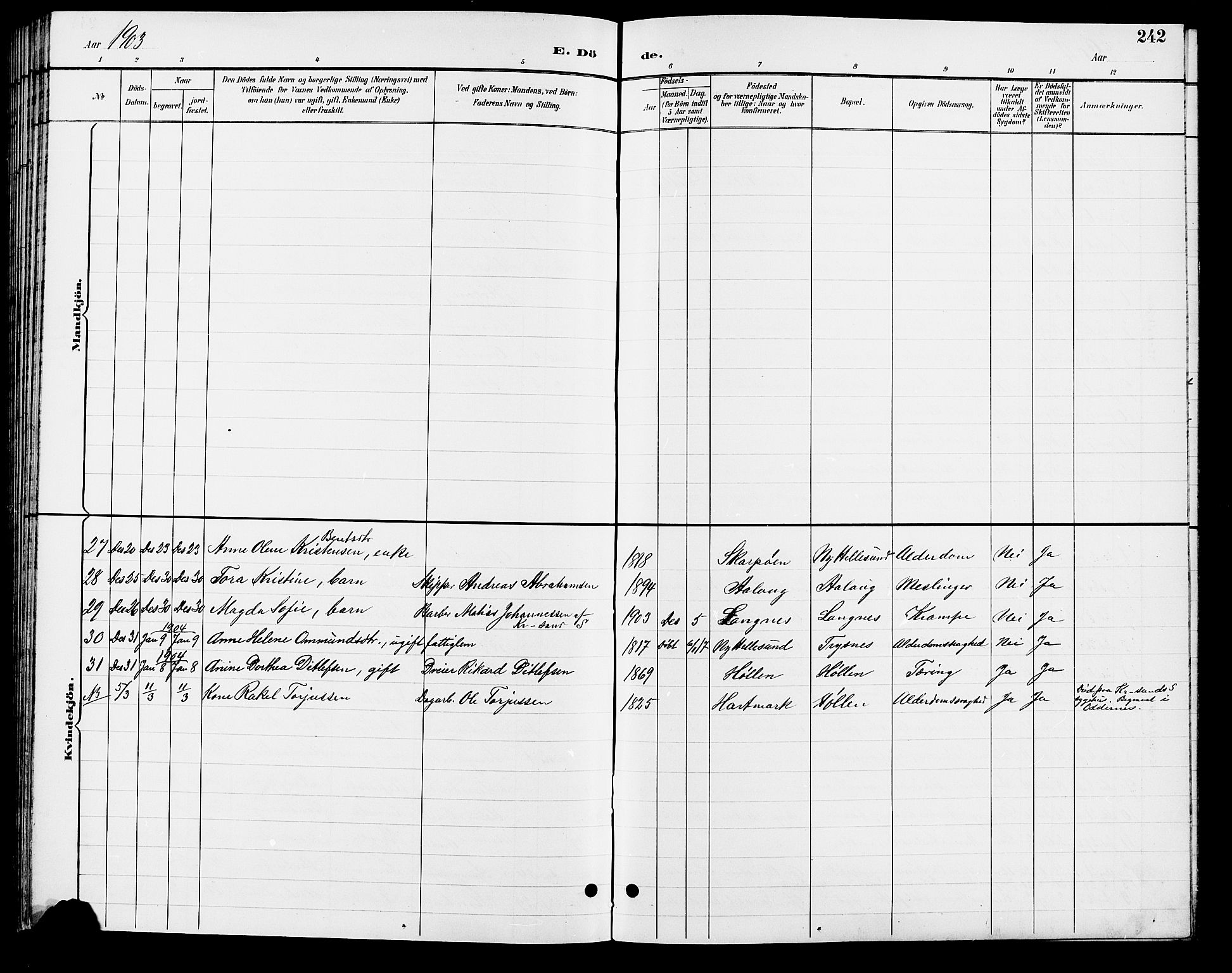 Søgne sokneprestkontor, AV/SAK-1111-0037/F/Fb/Fbb/L0006: Parish register (copy) no. B 6, 1892-1911, p. 242