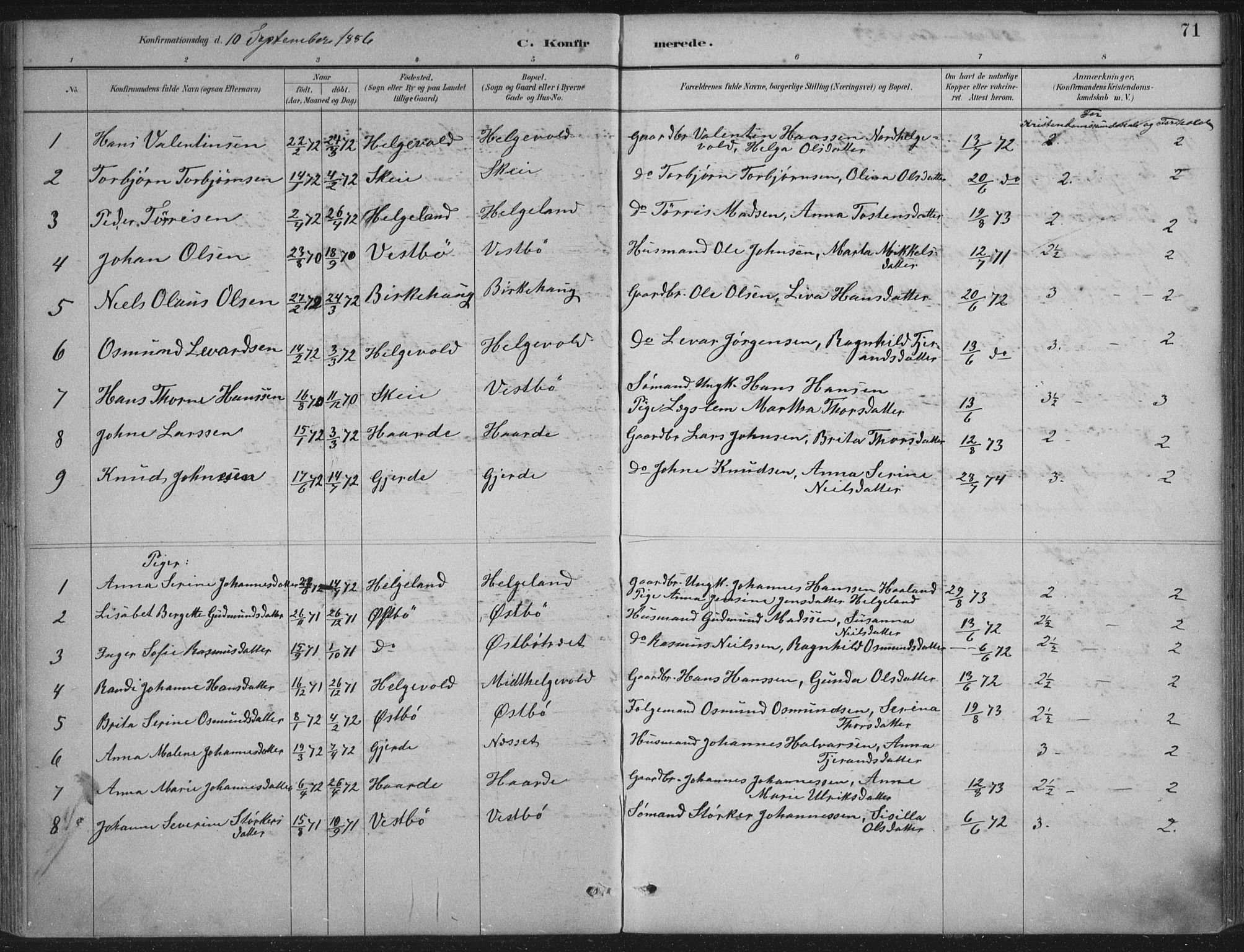 Vikedal sokneprestkontor, AV/SAST-A-101840/01/IV: Parish register (official) no. A 11, 1884-1933, p. 71