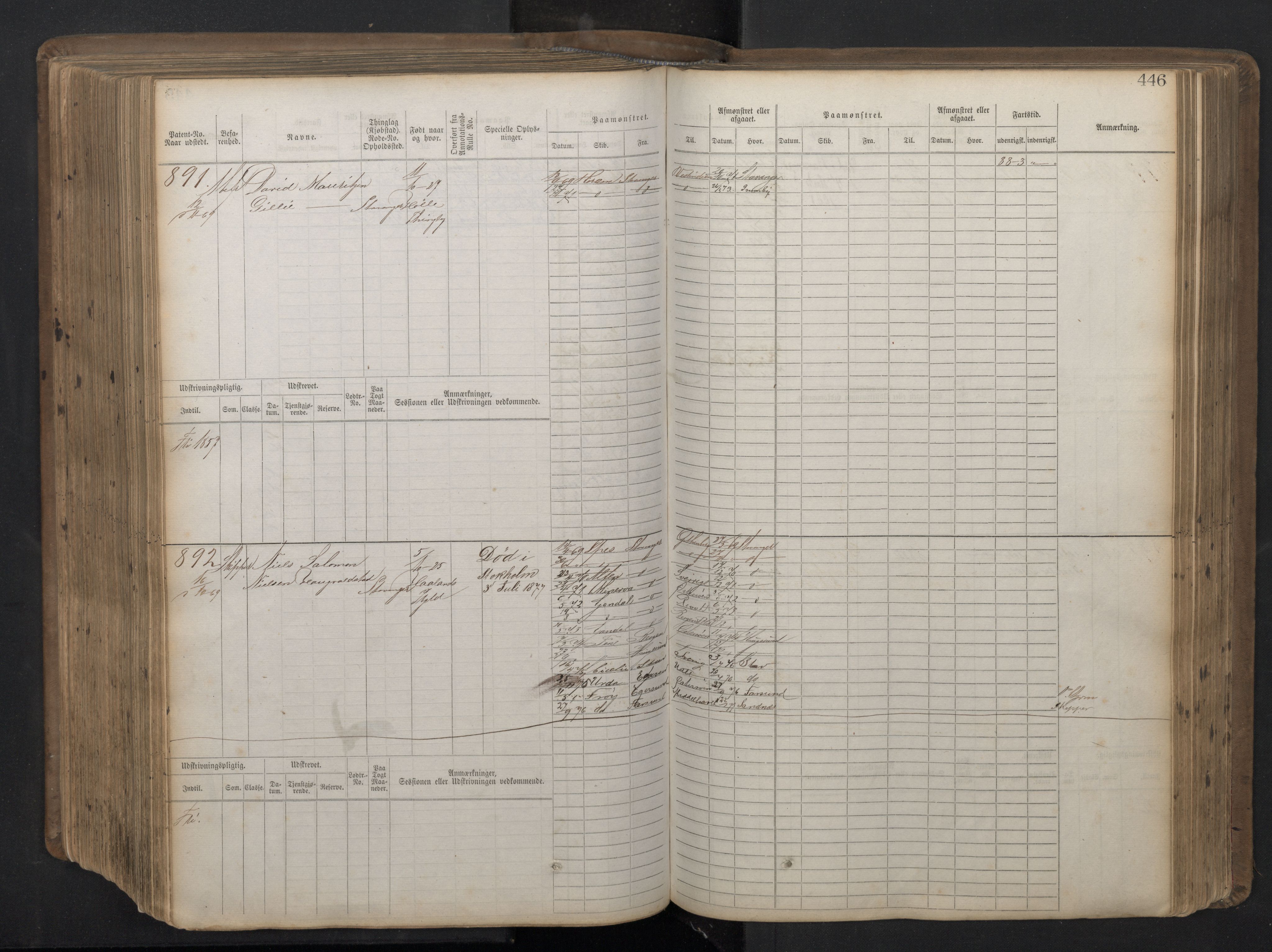 Stavanger sjømannskontor, AV/SAST-A-102006/F/Fb/Fbb/L0016: Sjøfartshovedrulle patnentnr. 1-1202 (dublett), 1869, p. 446