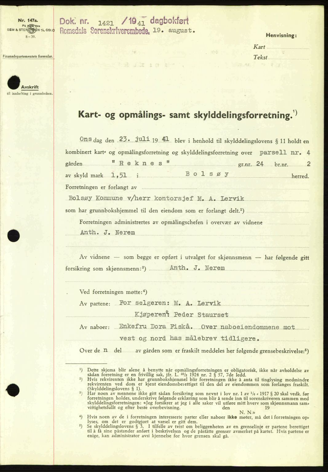 Romsdal sorenskriveri, AV/SAT-A-4149/1/2/2C: Mortgage book no. A10, 1941-1941, Diary no: : 1421/1941