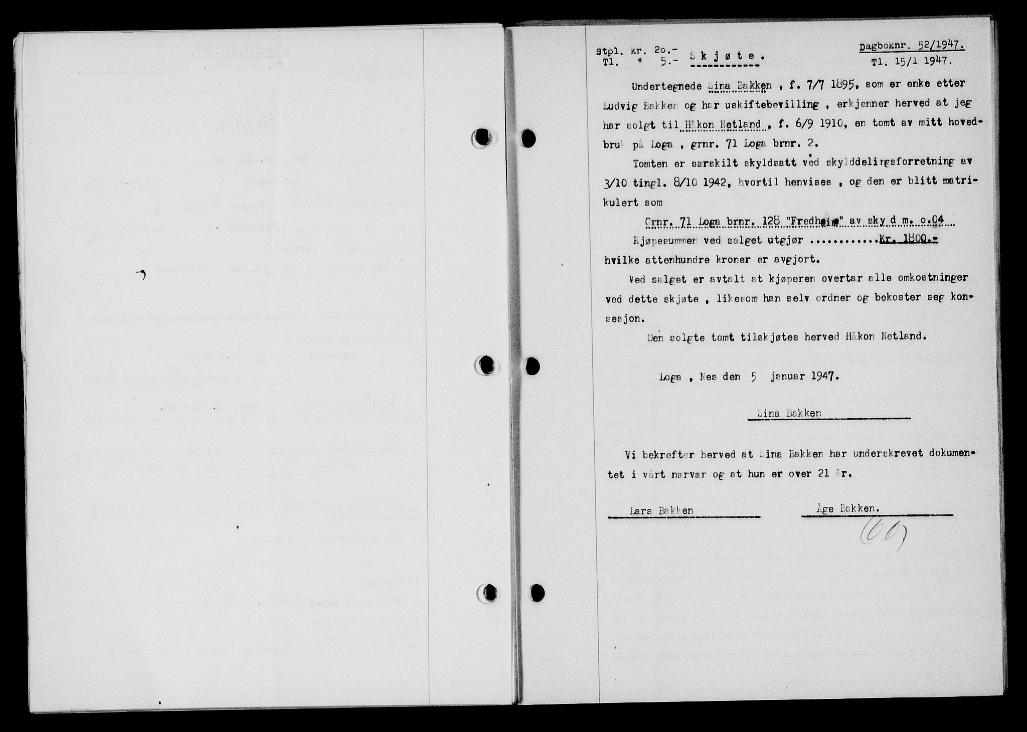 Flekkefjord sorenskriveri, SAK/1221-0001/G/Gb/Gba/L0061: Mortgage book no. A-9, 1946-1947, Diary no: : 52/1947