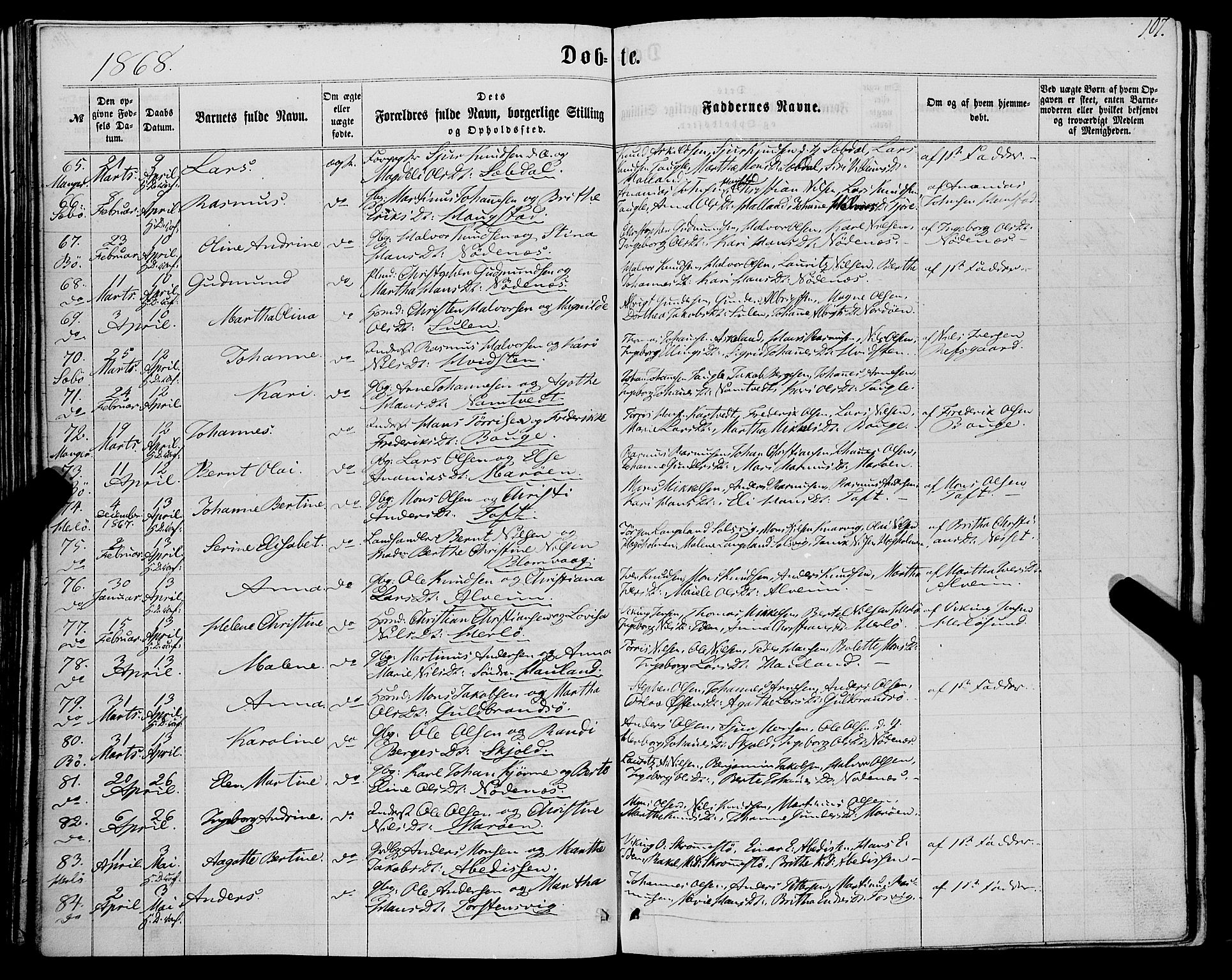 Manger sokneprestembete, SAB/A-76801/H/Haa: Parish register (official) no. A 7, 1860-1870, p. 107