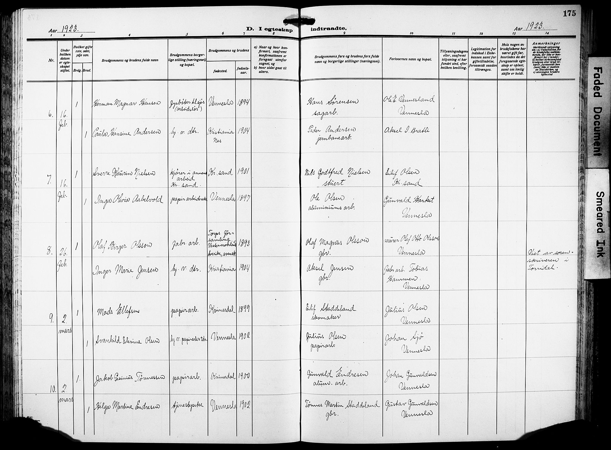 Vennesla sokneprestkontor, AV/SAK-1111-0045/Fb/Fbb/L0007: Parish register (copy) no. B 7, 1922-1933, p. 175