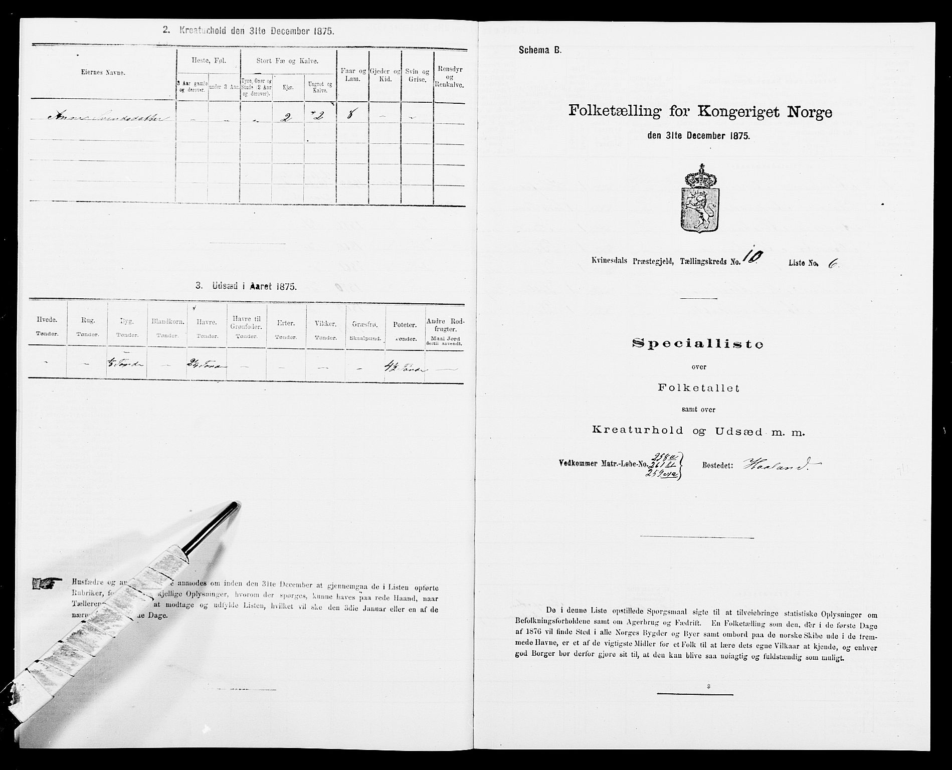 SAK, 1875 census for 1037P Kvinesdal, 1875, p. 1549