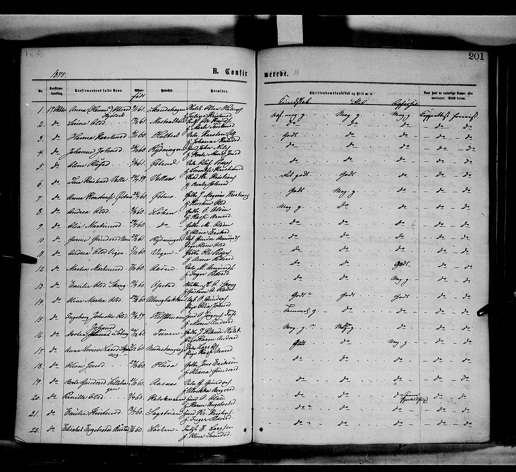 Elverum prestekontor, SAH/PREST-044/H/Ha/Haa/L0011: Parish register (official) no. 11, 1869-1879, p. 201