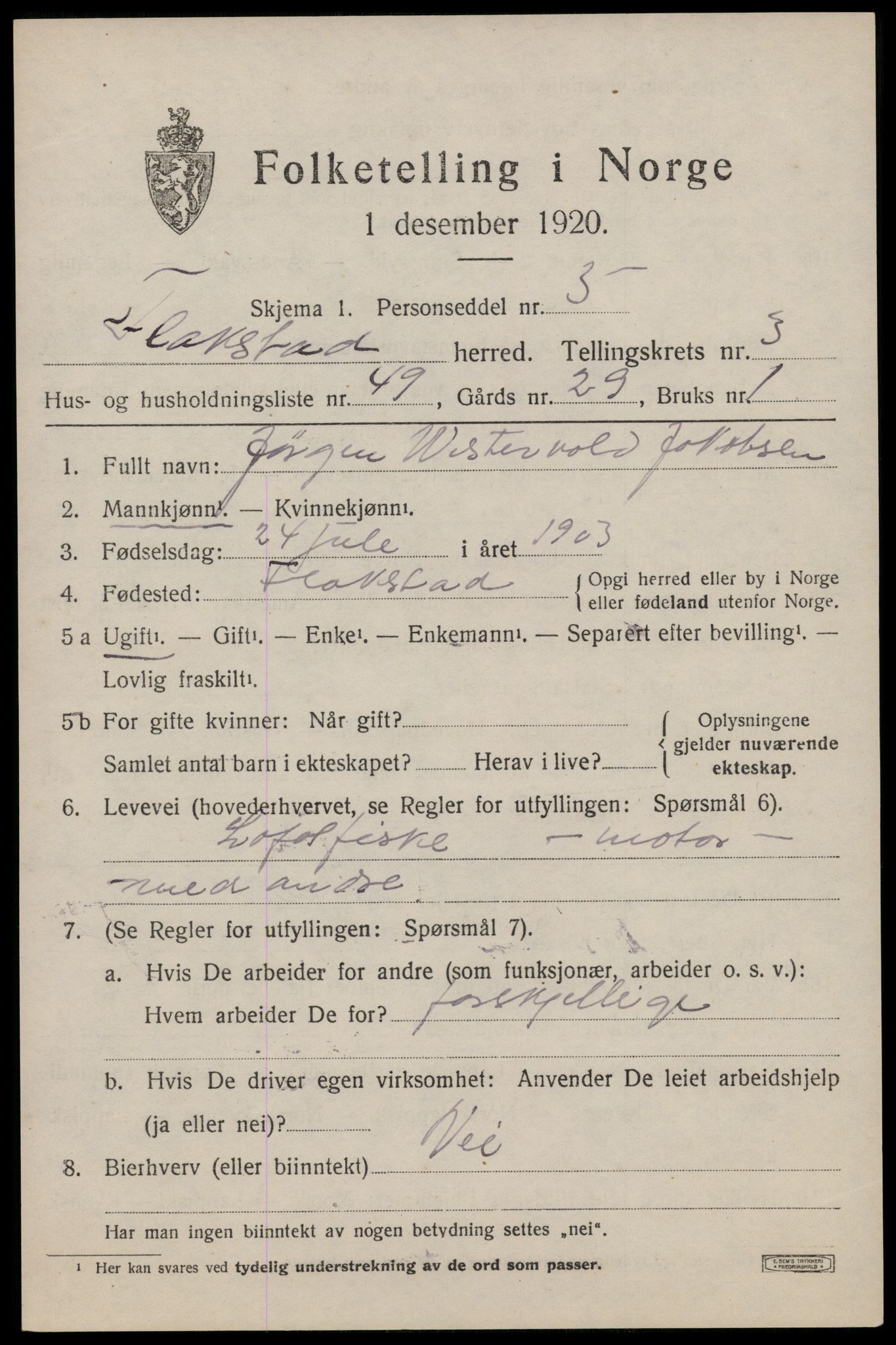 SAT, 1920 census for Flakstad, 1920, p. 2813