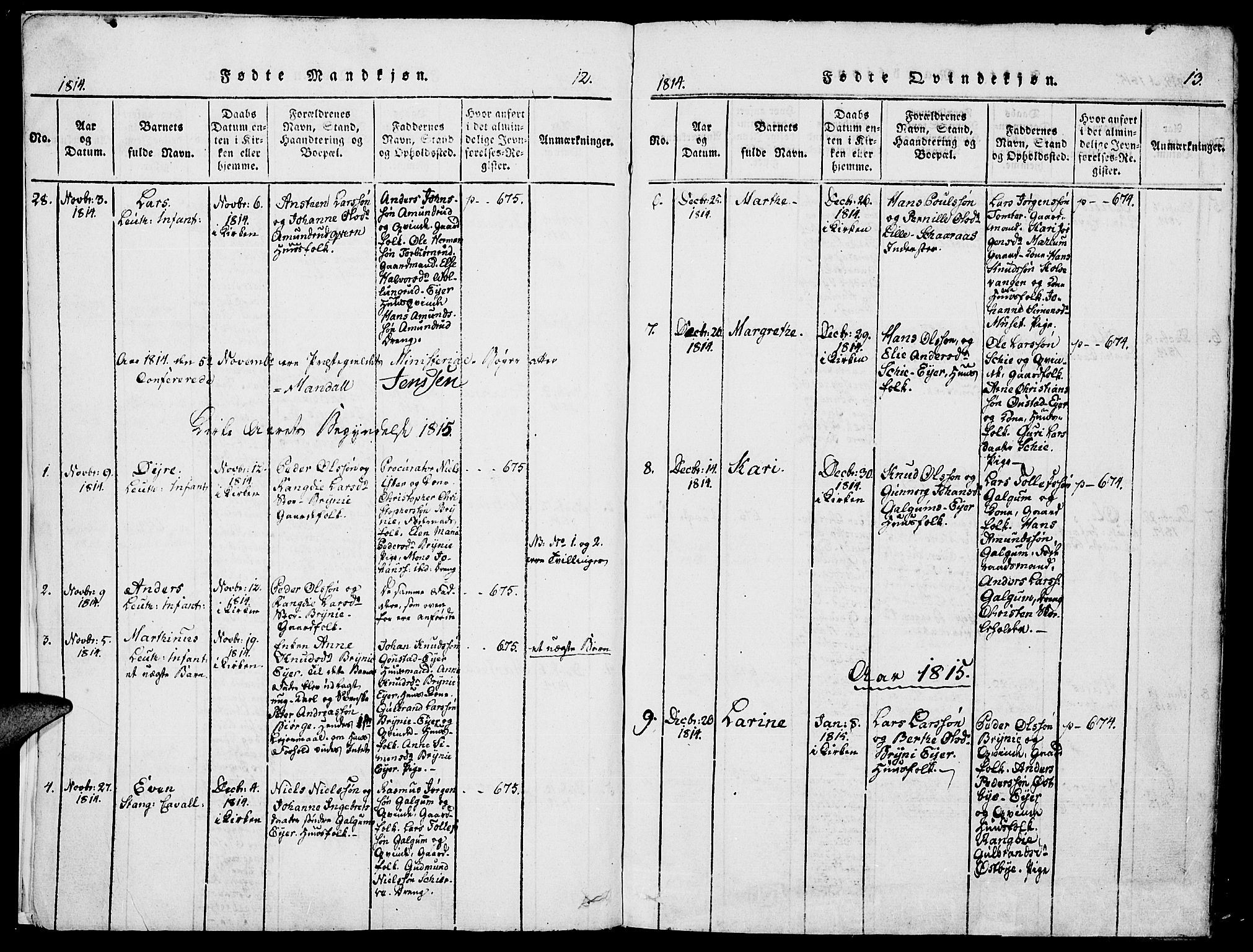 Romedal prestekontor, AV/SAH-PREST-004/K/L0002: Parish register (official) no. 2, 1814-1828, p. 12-13
