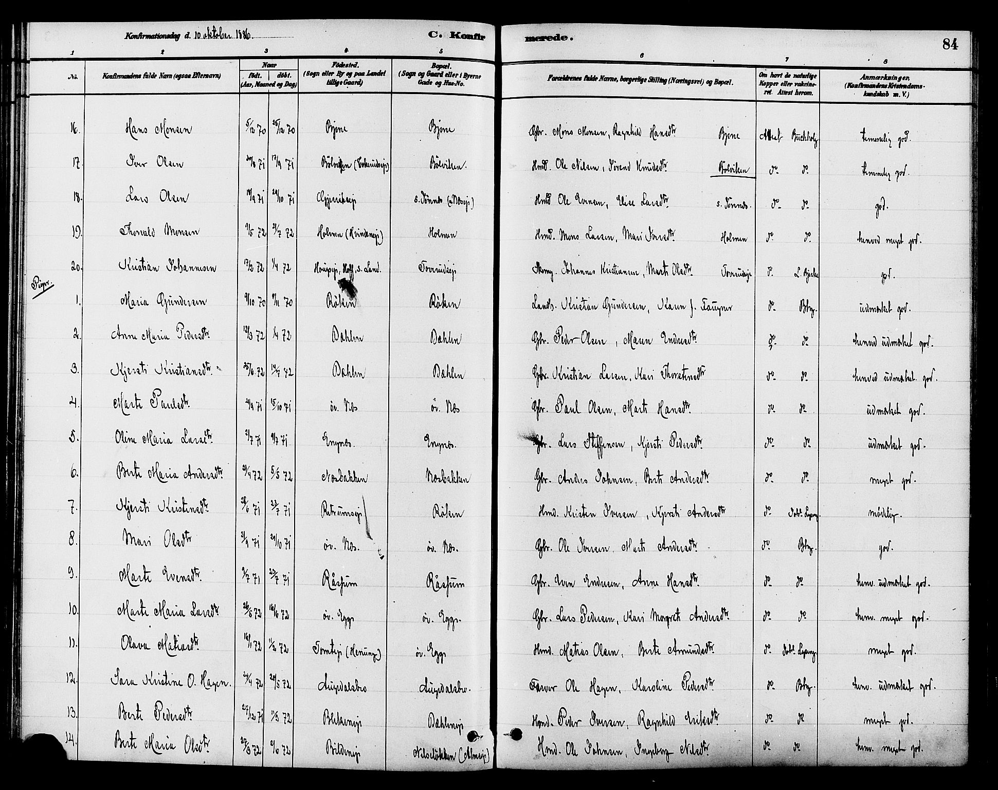 Gran prestekontor, SAH/PREST-112/H/Ha/Haa/L0015: Parish register (official) no. 15, 1880-1888, p. 84