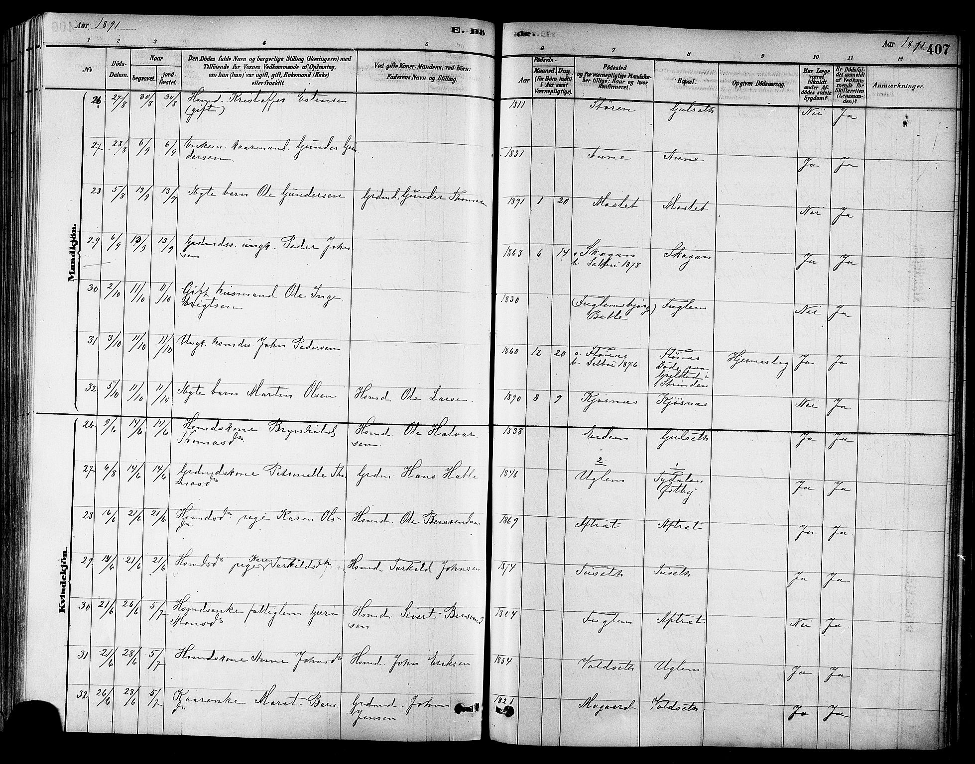 Ministerialprotokoller, klokkerbøker og fødselsregistre - Sør-Trøndelag, SAT/A-1456/695/L1148: Parish register (official) no. 695A08, 1878-1891, p. 407