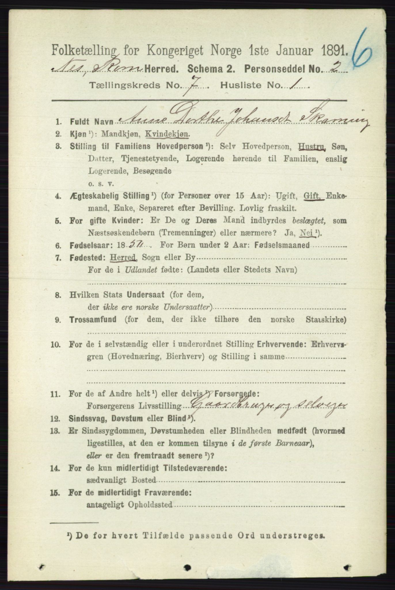 RA, 1891 census for 0236 Nes, 1891, p. 4013