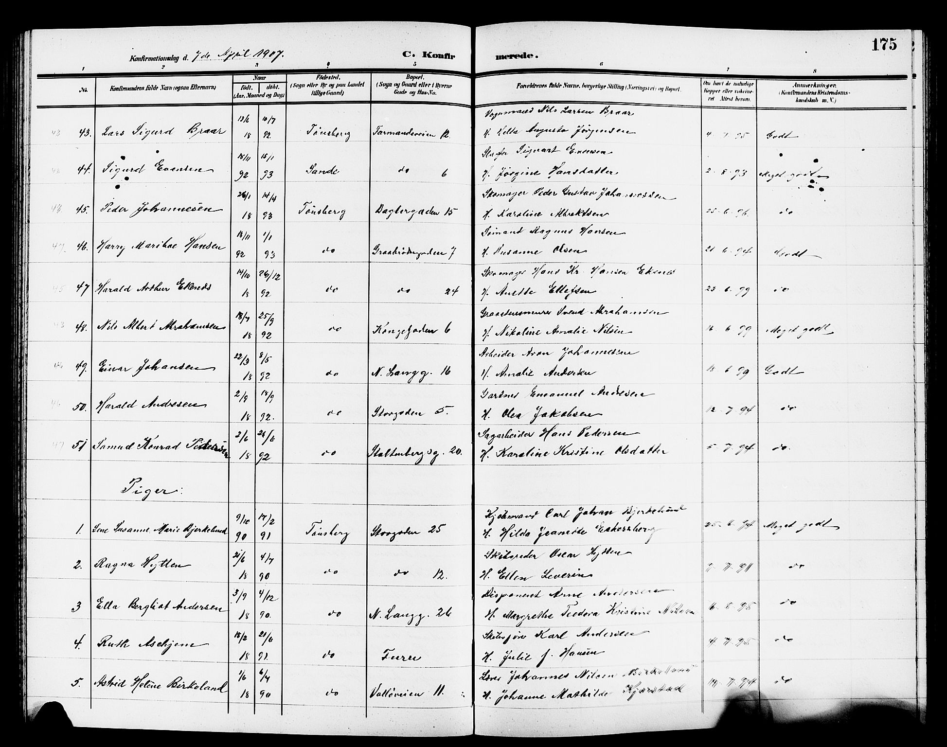 Tønsberg kirkebøker, AV/SAKO-A-330/G/Ga/L0008: Parish register (copy) no. 8, 1905-1912, p. 175