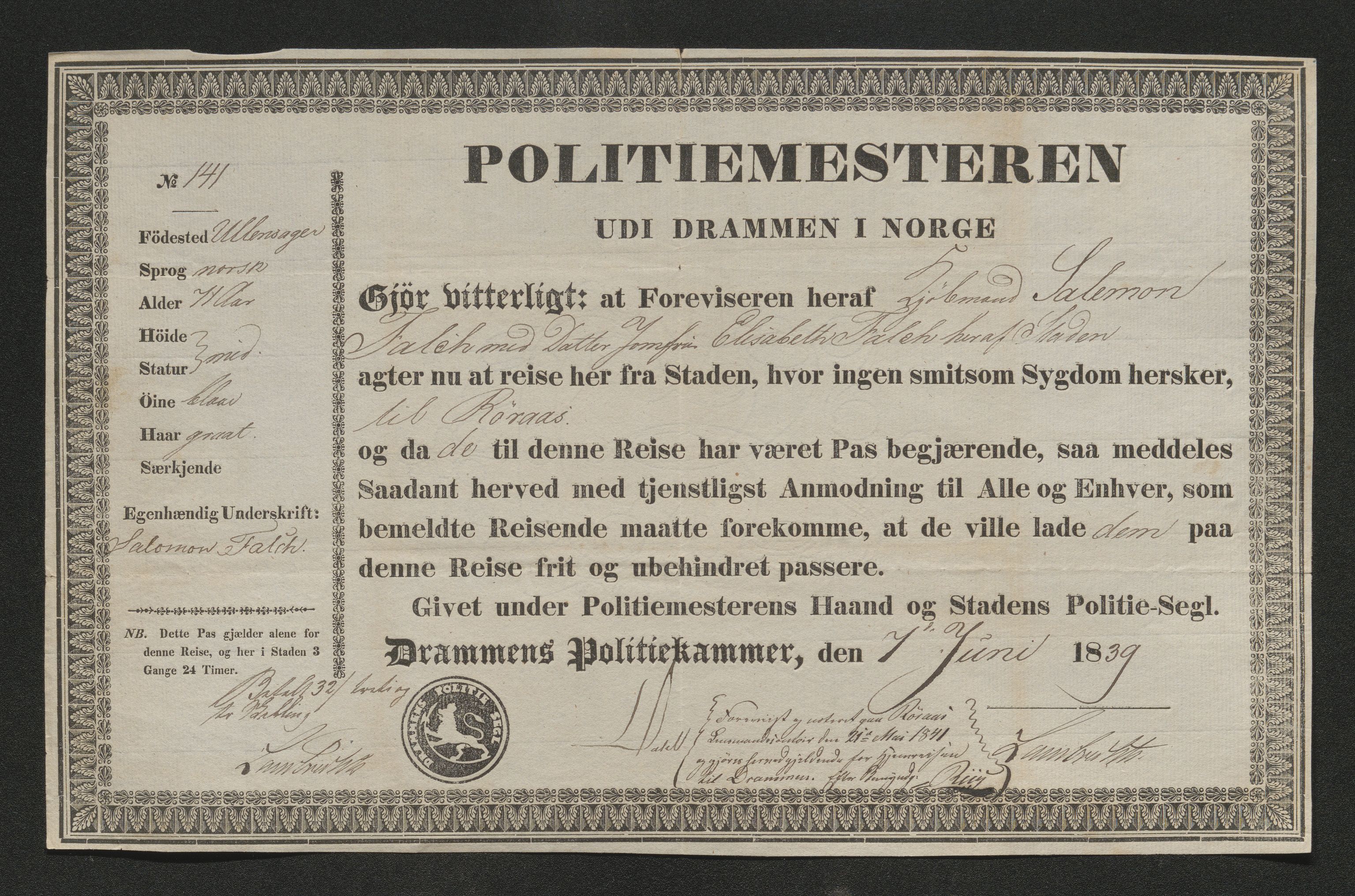 Drammen politikammer, AV/SAKO-A-623/I/Ia/Iab/L0006: Innleverte pass, 1841-1842, p. 171