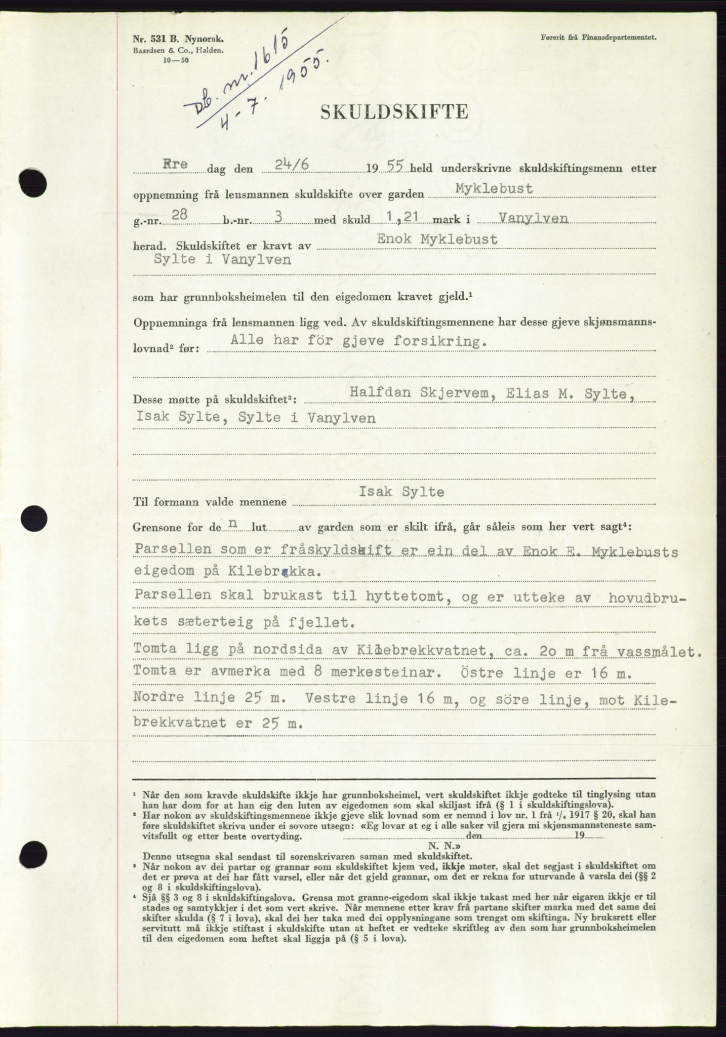 Søre Sunnmøre sorenskriveri, AV/SAT-A-4122/1/2/2C/L0101: Mortgage book no. 27A, 1955-1955, Diary no: : 1615/1955