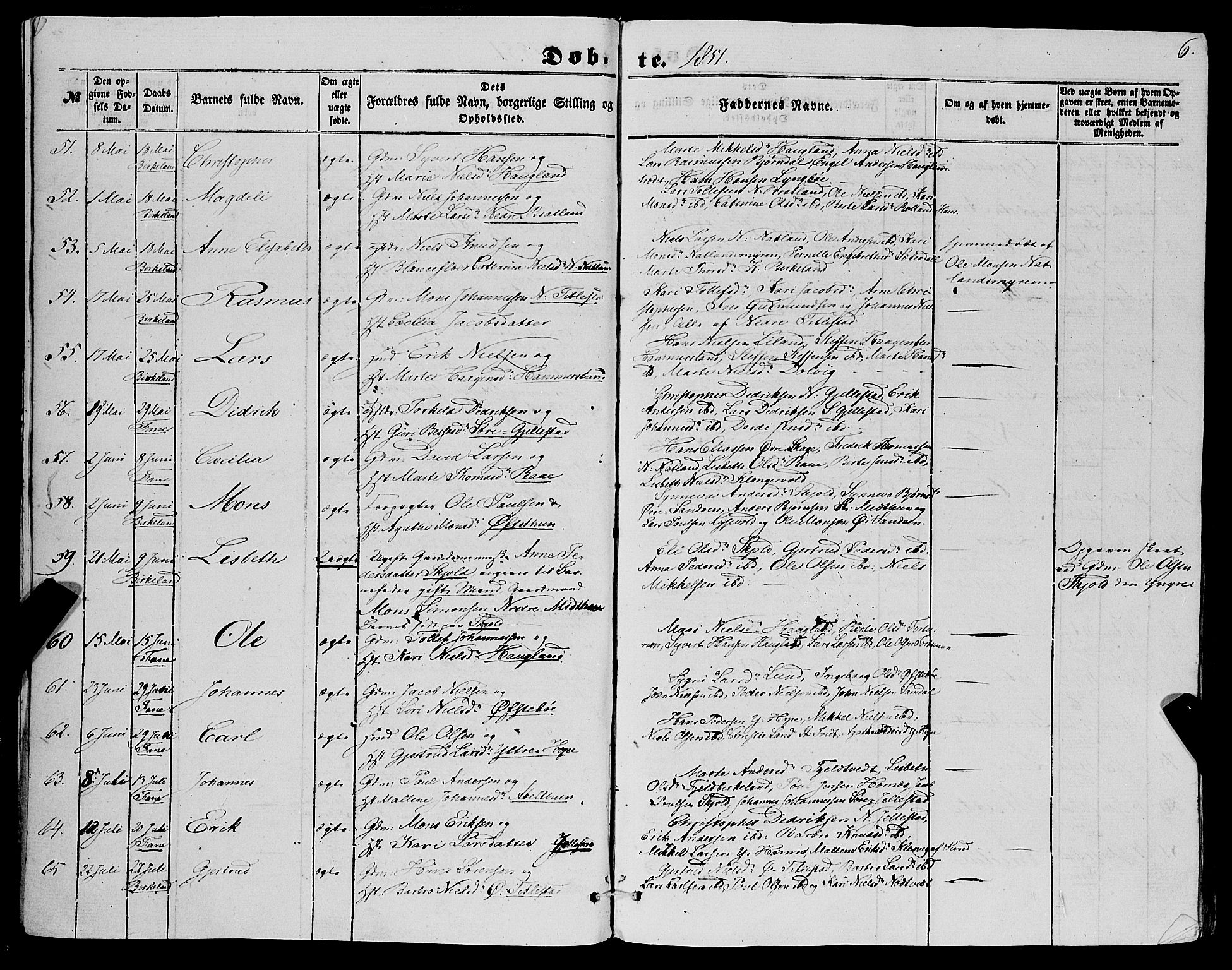 Fana Sokneprestembete, SAB/A-75101/H/Haa/Haaa/L0011: Parish register (official) no. A 11, 1851-1862, p. 6