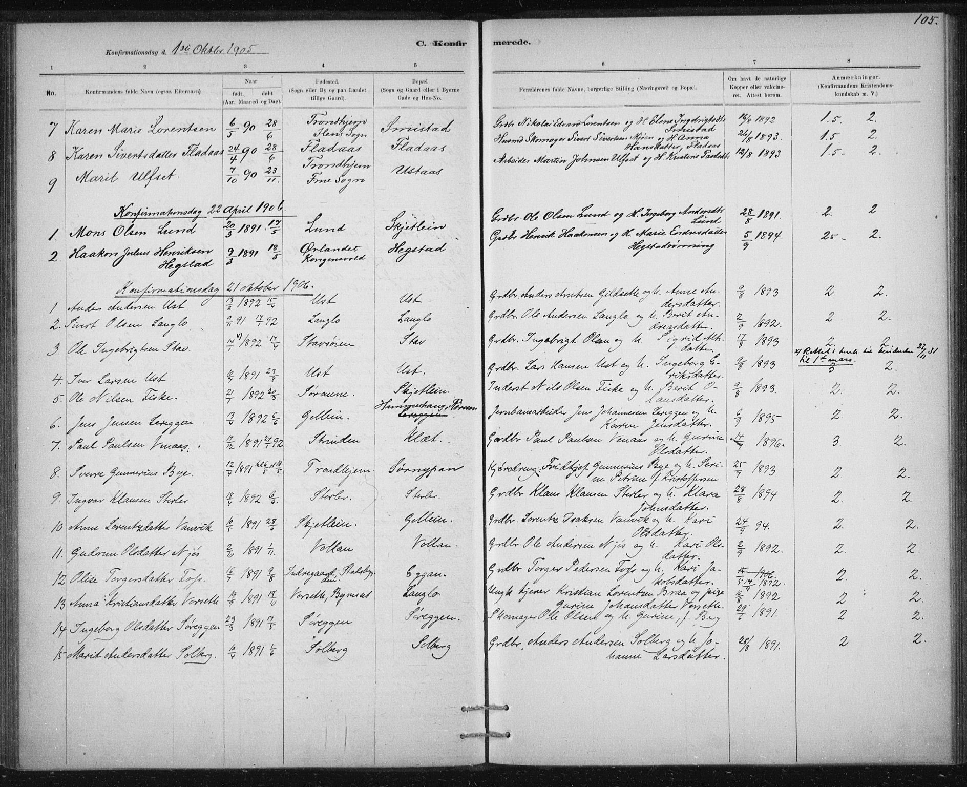 Ministerialprotokoller, klokkerbøker og fødselsregistre - Sør-Trøndelag, SAT/A-1456/613/L0392: Parish register (official) no. 613A01, 1887-1906, p. 105