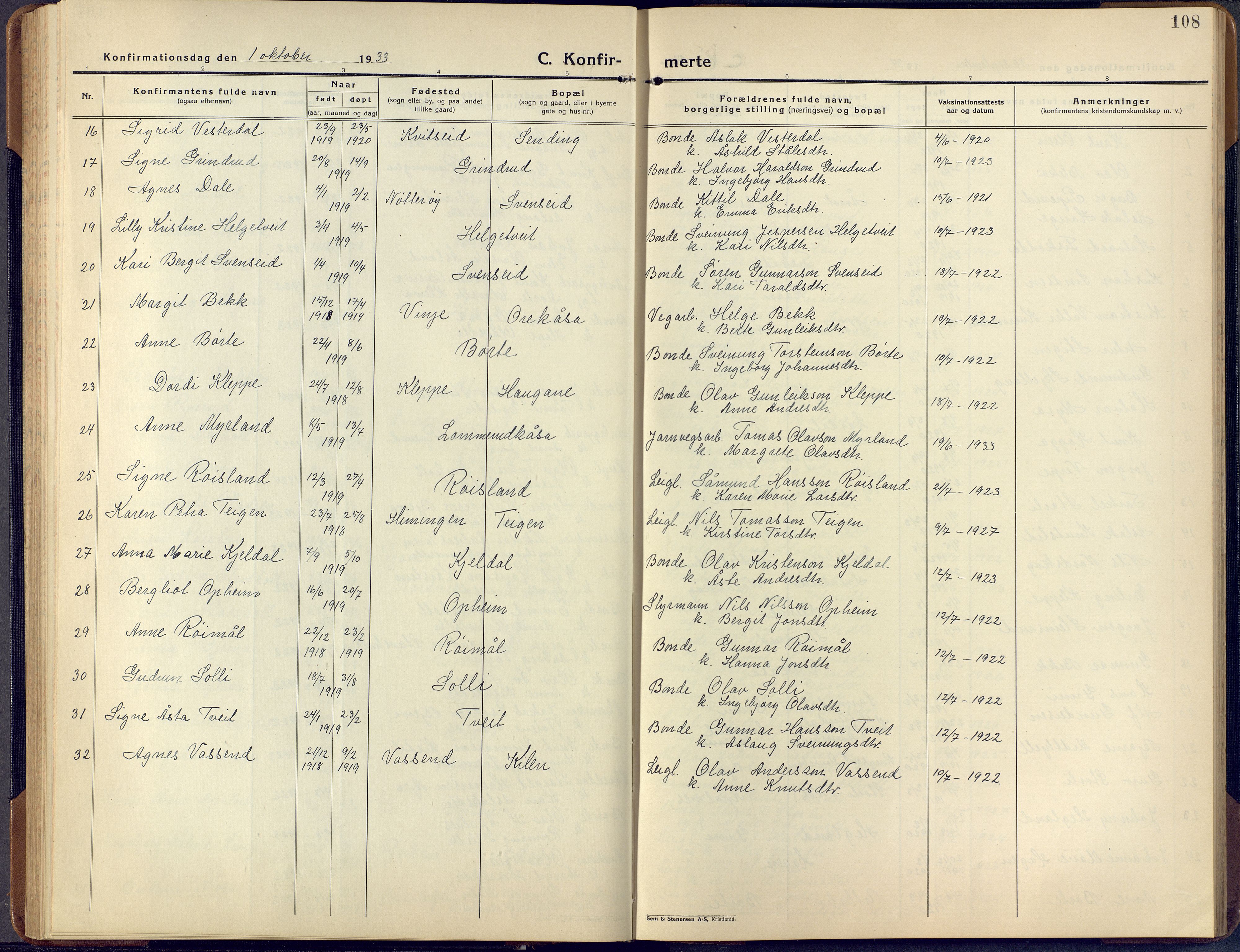 Lunde kirkebøker, SAKO/A-282/F/Fa/L0006: Parish register (official) no. I 6, 1922-1940, p. 108