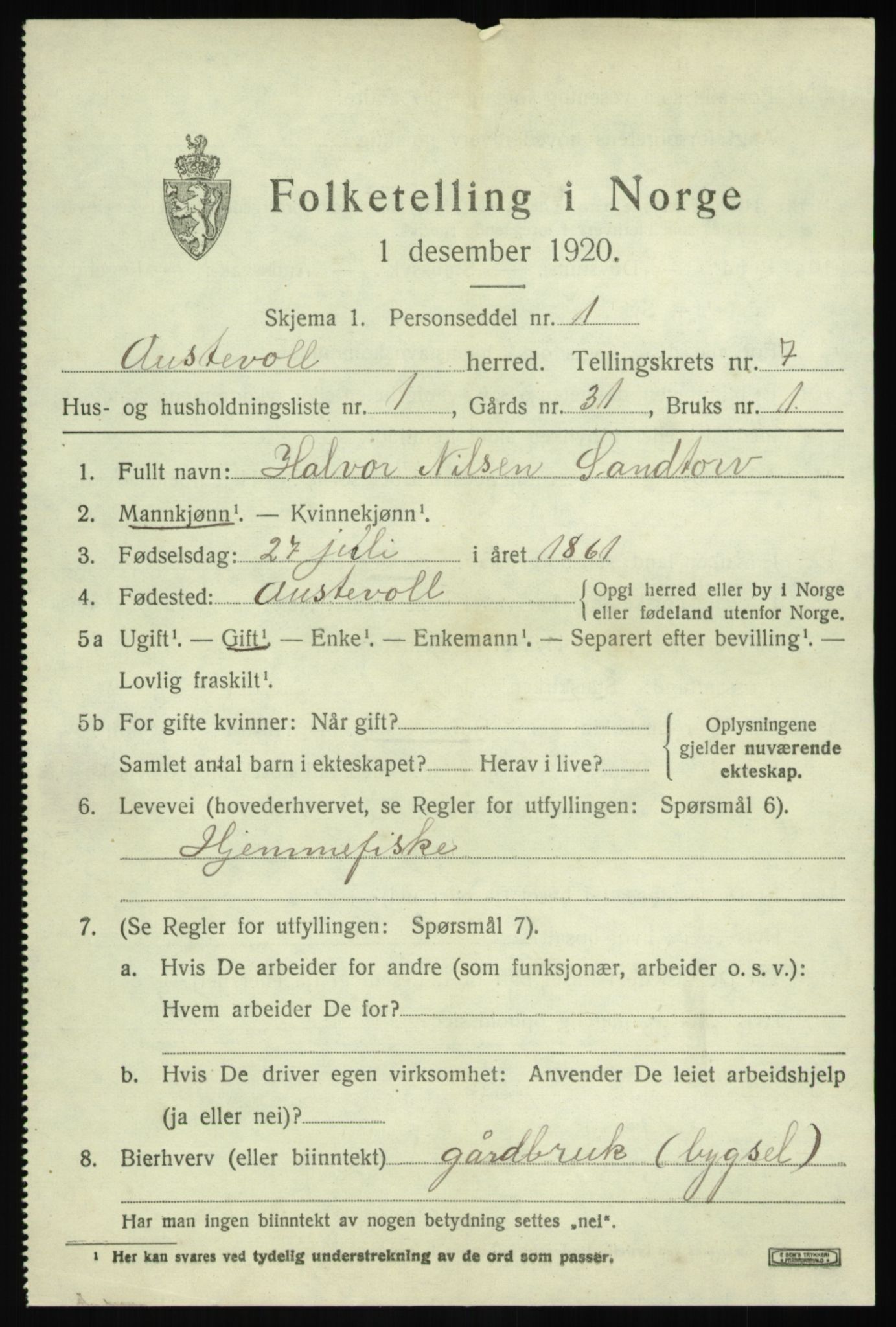 SAB, 1920 census for Austevoll, 1920, p. 3642