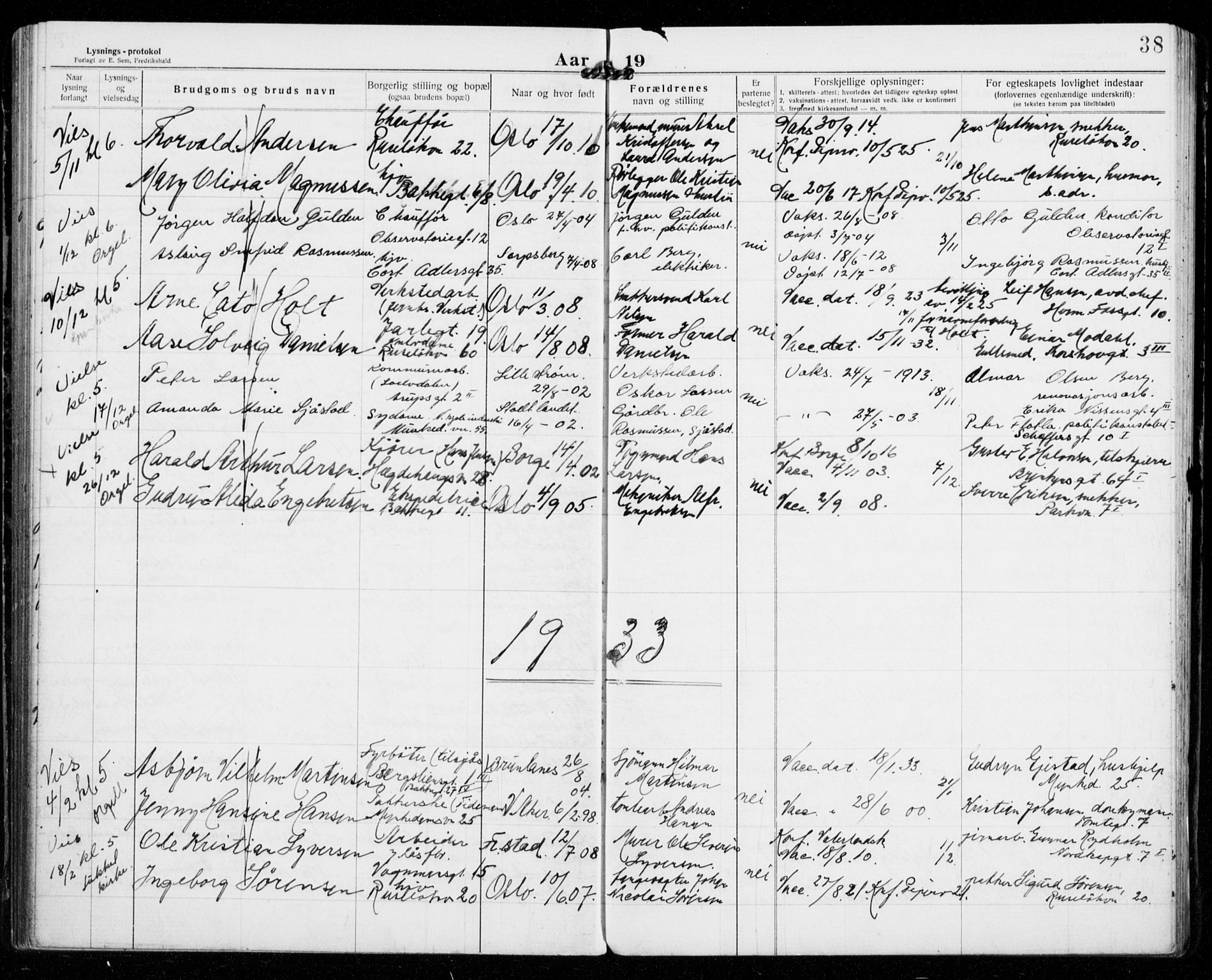 Piperviken prestekontor Kirkebøker, SAO/A-10874/H/L0002: Banns register no. 2, 1922-1942, p. 38