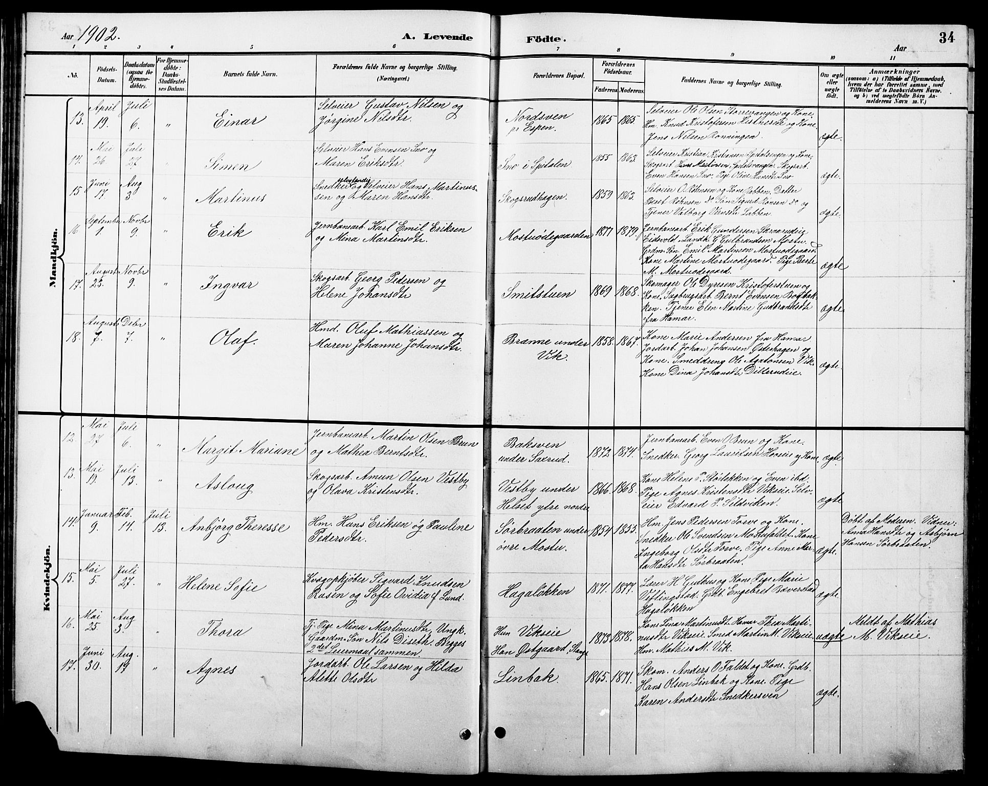 Stange prestekontor, AV/SAH-PREST-002/L/L0011: Parish register (copy) no. 11, 1895-1917, p. 34