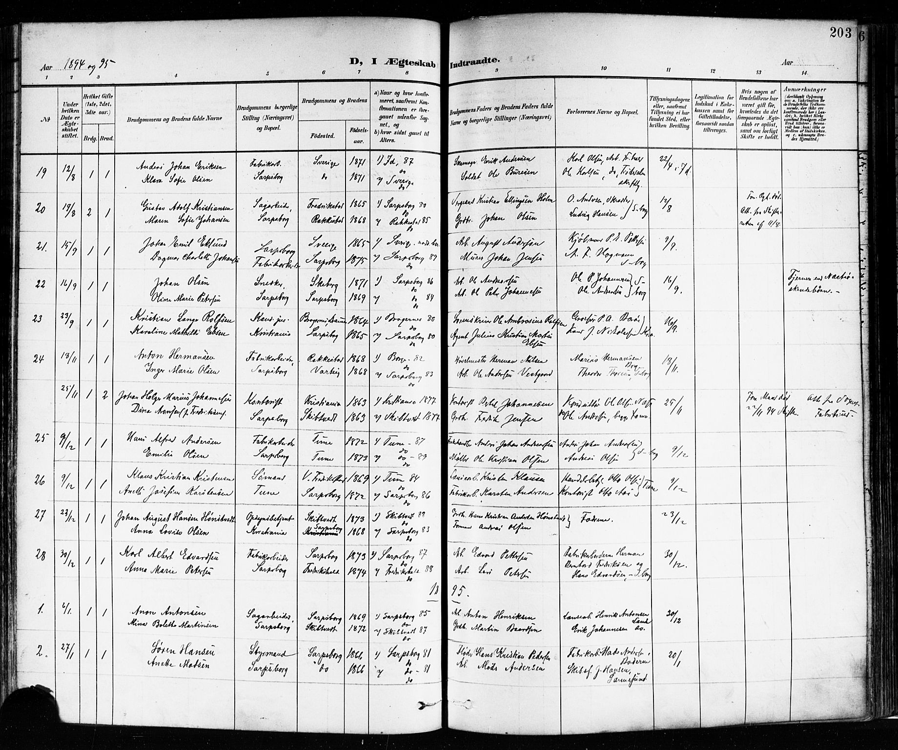 Sarpsborg prestekontor Kirkebøker, SAO/A-2006/F/Fa/L0004: Parish register (official) no. 4, 1892-1899, p. 203