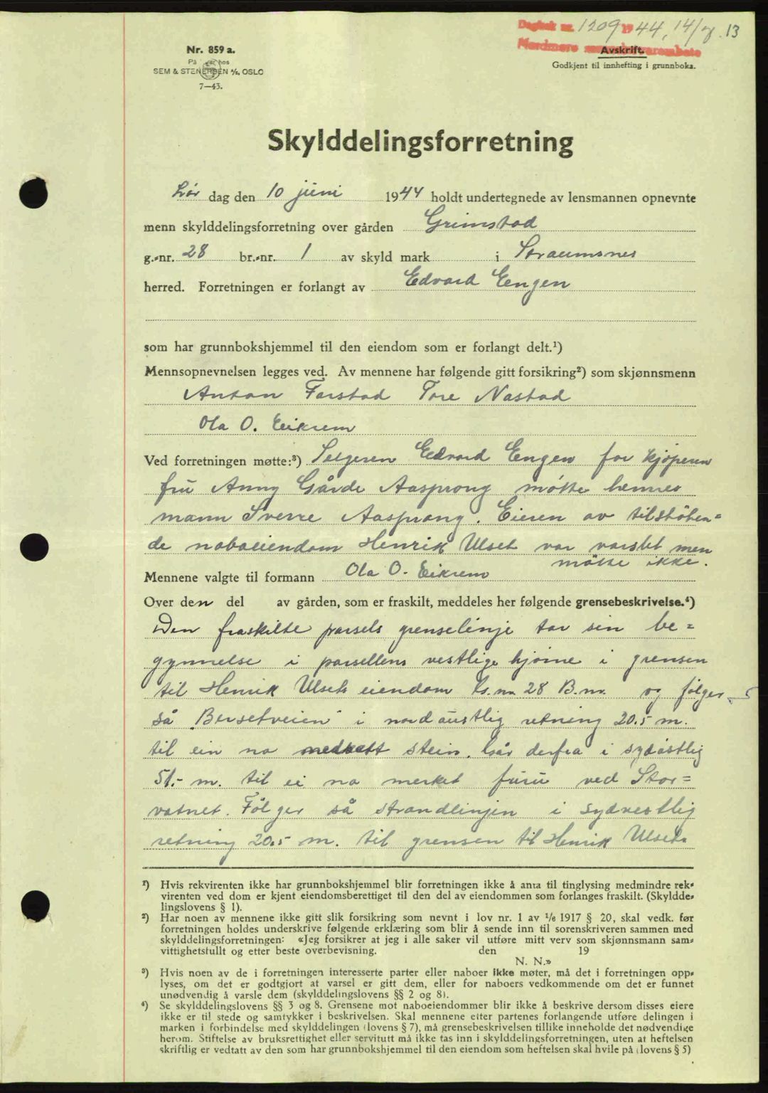 Nordmøre sorenskriveri, AV/SAT-A-4132/1/2/2Ca: Mortgage book no. A98, 1944-1944, Diary no: : 1209/1944