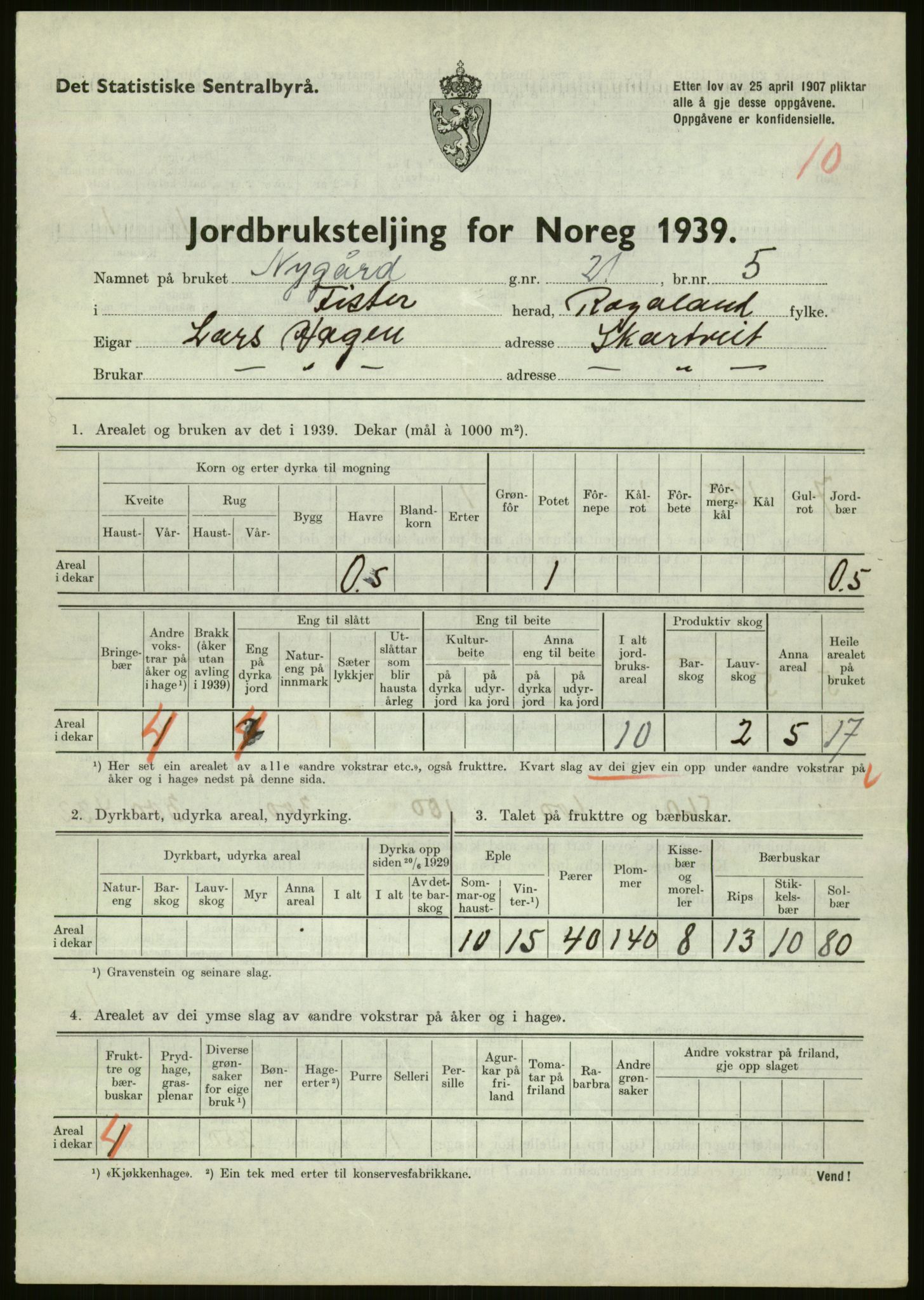 Statistisk sentralbyrå, Næringsøkonomiske emner, Jordbruk, skogbruk, jakt, fiske og fangst, AV/RA-S-2234/G/Gb/L0184: Rogaland: Årdal, Fister og Hjelmeland, 1939, p. 131