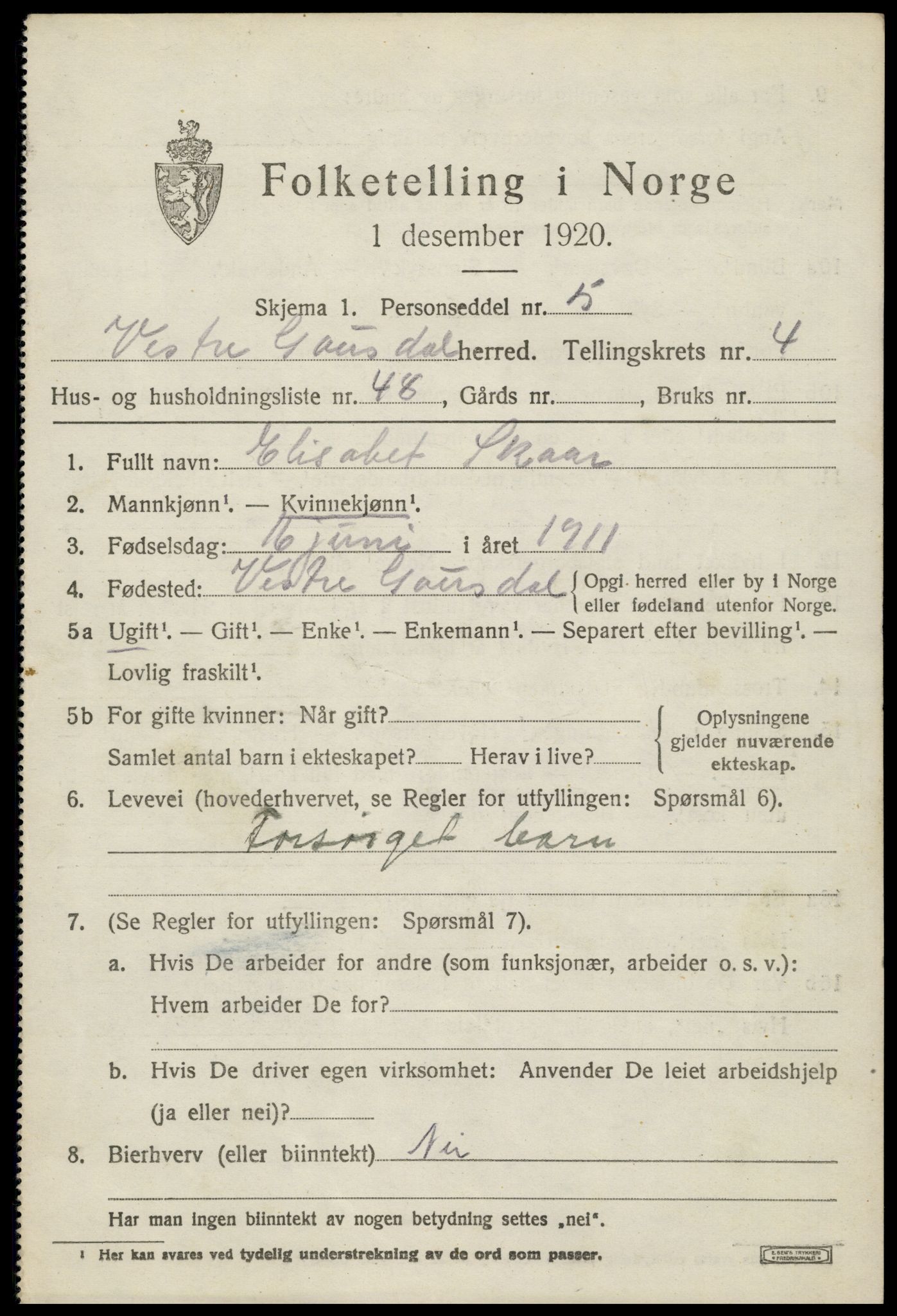 SAH, 1920 census for Vestre Gausdal, 1920, p. 3679