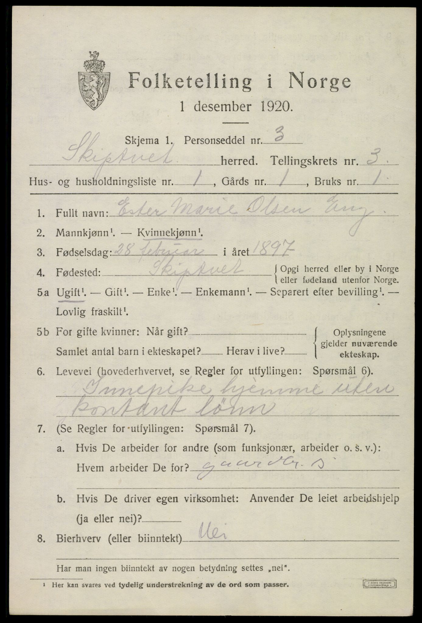 SAO, 1920 census for Skiptvet, 1920, p. 2913