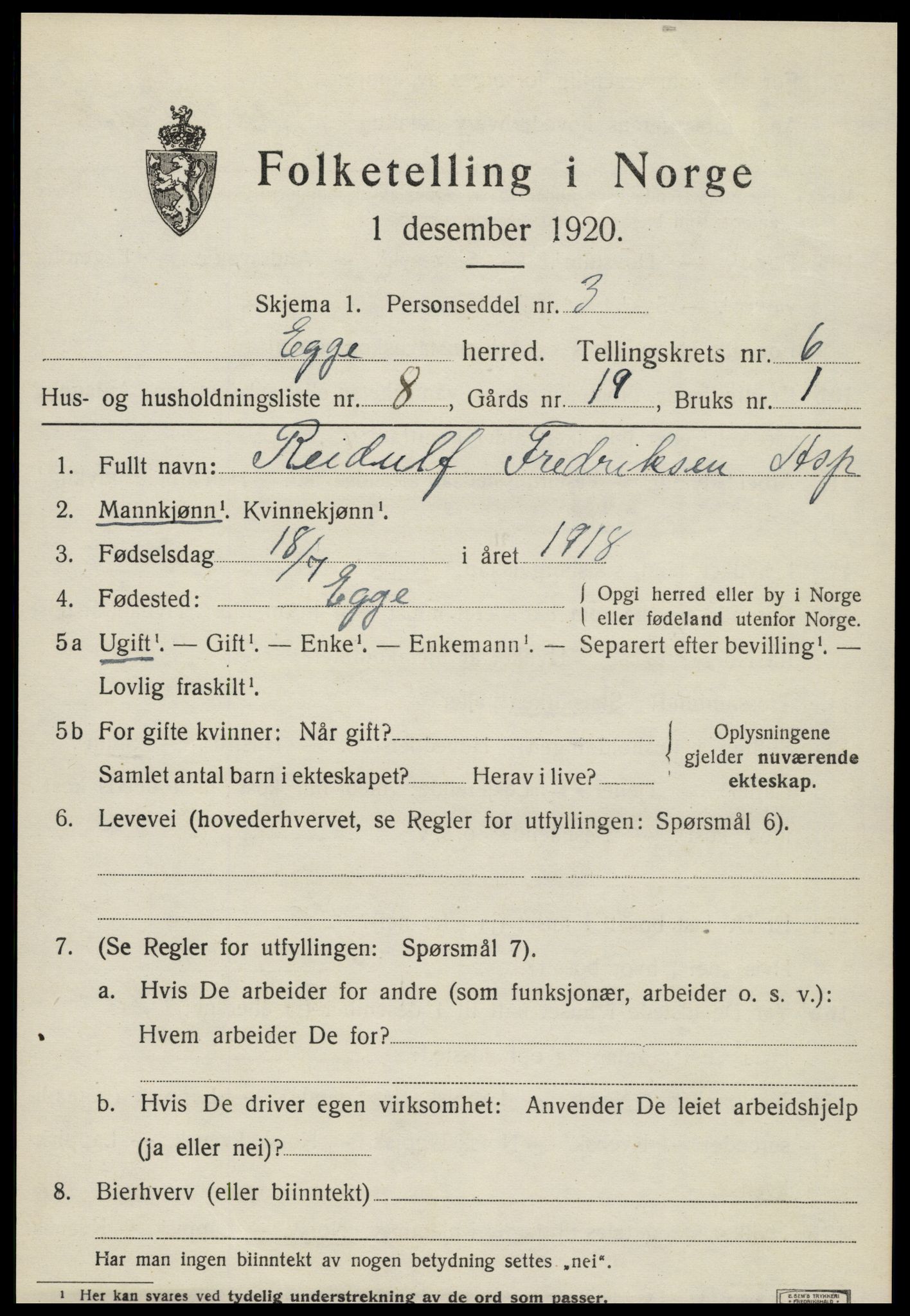 SAT, 1920 census for Egge, 1920, p. 3884