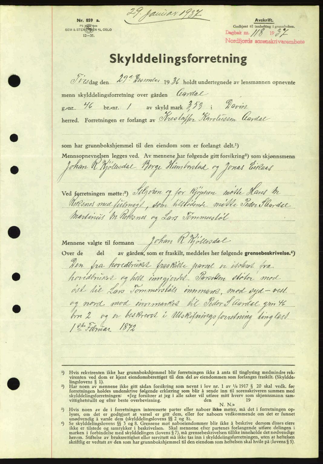 Nordfjord sorenskriveri, AV/SAB-A-2801/02/02b/02bj/L0001: Mortgage book no. A1, 1936-1937, Diary no: : 118/1937