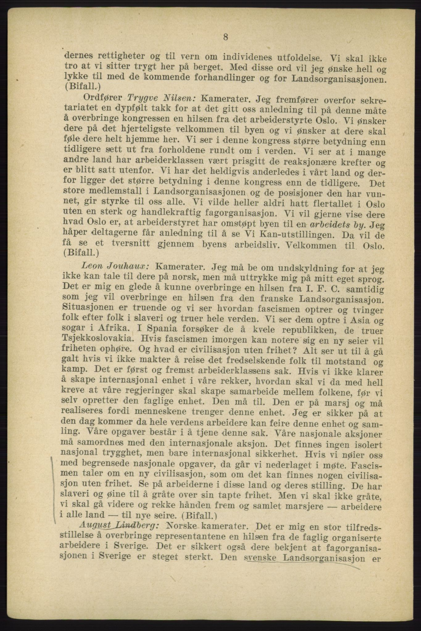 Landsorganisasjonen i Norge - publikasjoner, AAB/-/-/-: Protokoll for Kongressen 1938, 1938, p. 8