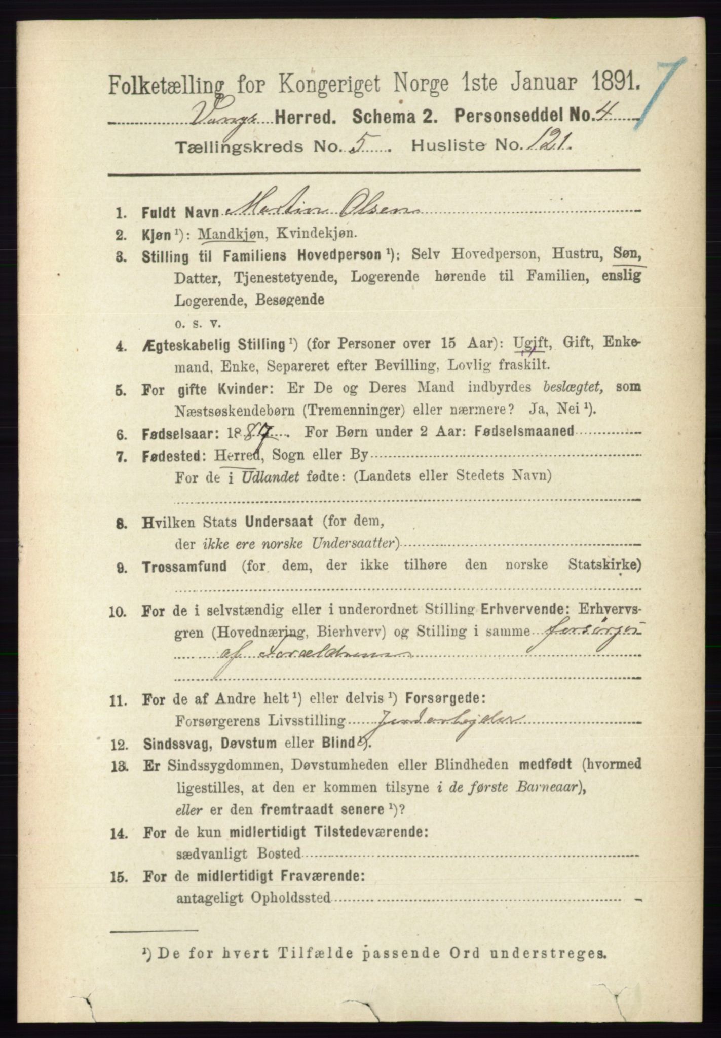 RA, 1891 census for 0414 Vang, 1891, p. 4159