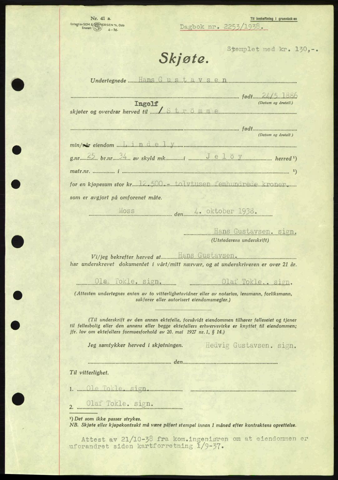Moss sorenskriveri, SAO/A-10168: Mortgage book no. A5, 1938-1939, Diary no: : 2253/1938