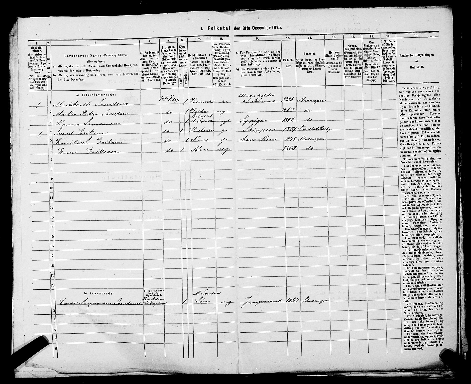 SAST, 1875 census for 1103 Stavanger, 1875, p. 865