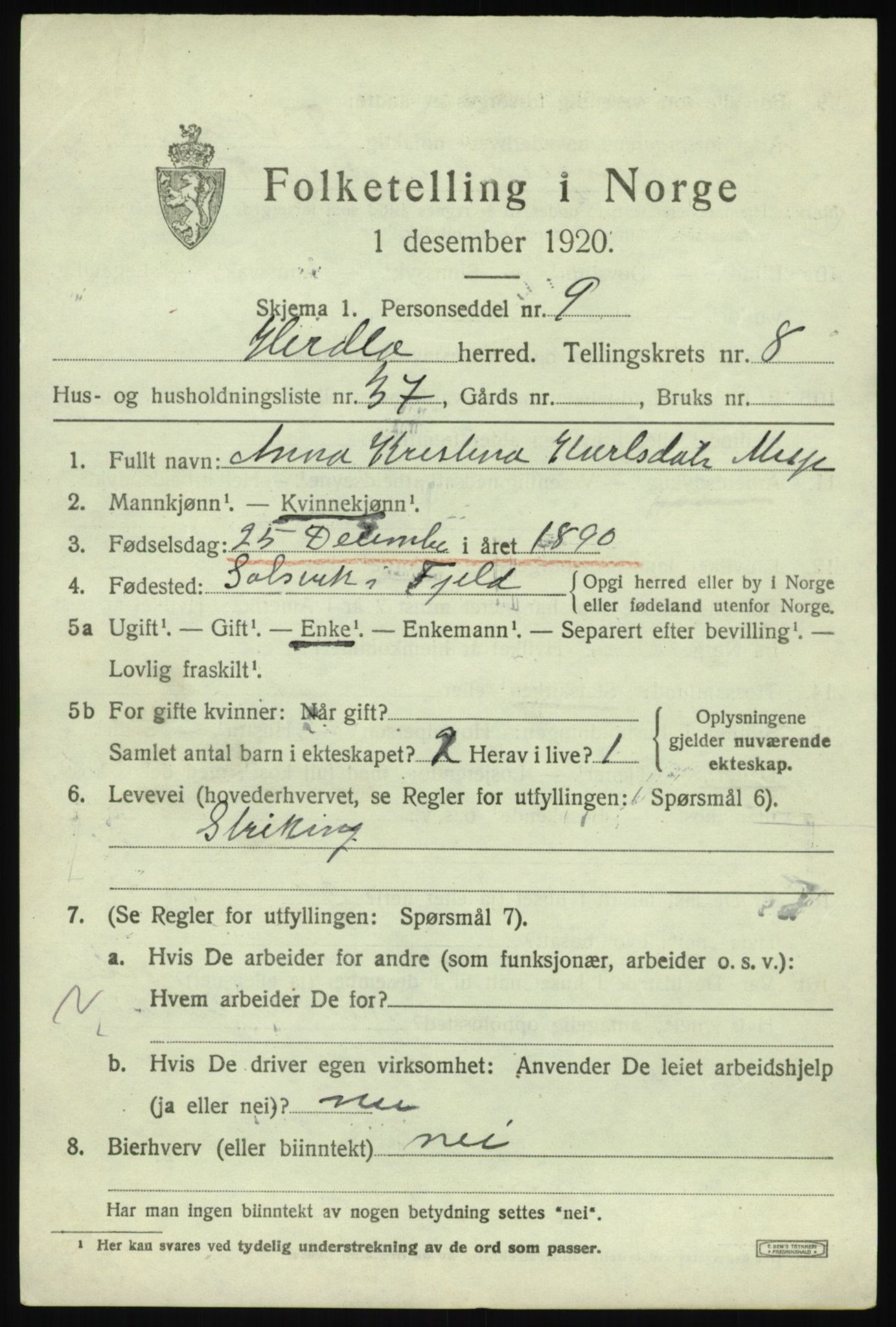 SAB, 1920 census for Herdla, 1920, p. 6279