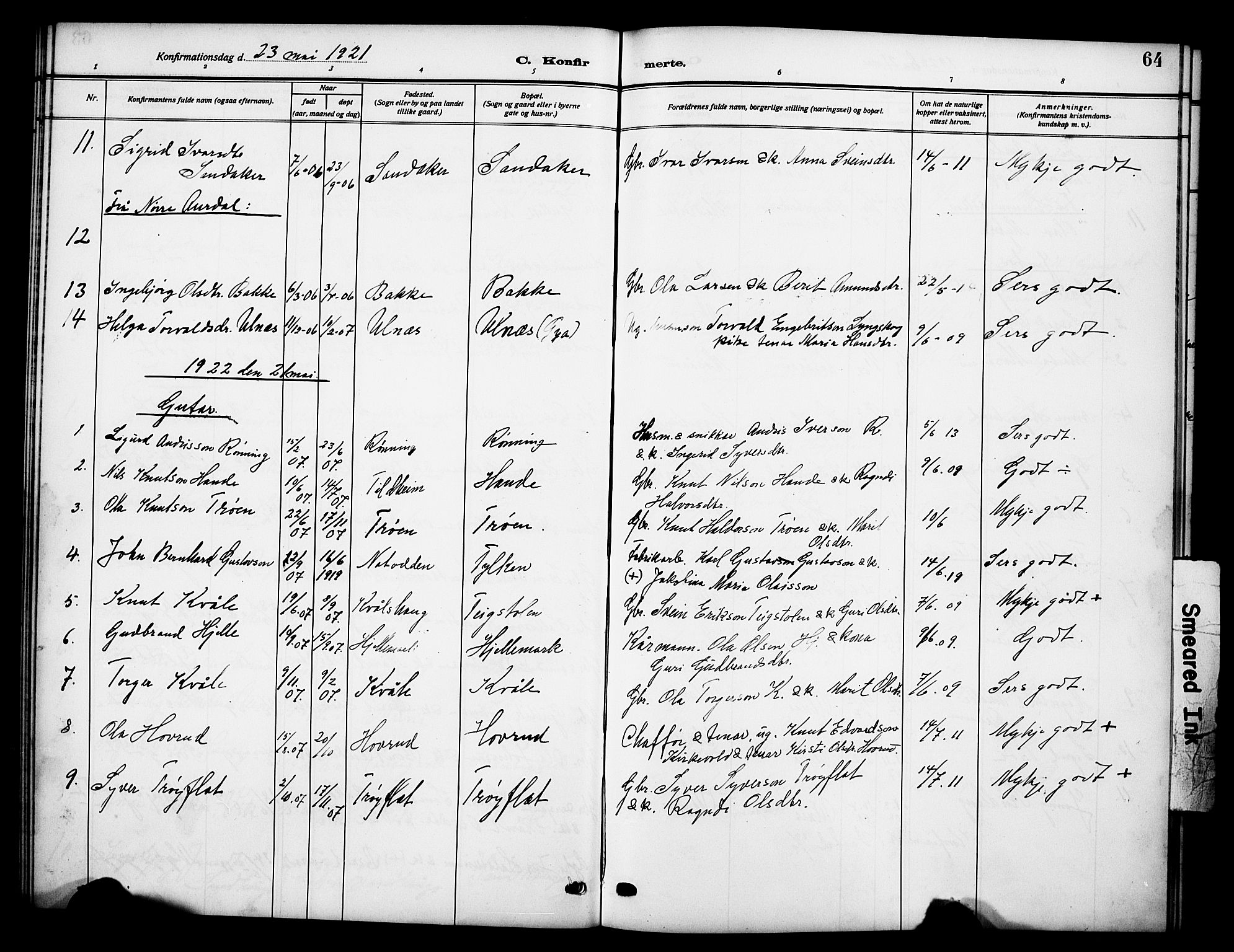 Vestre Slidre prestekontor, SAH/PREST-136/H/Ha/Hab/L0007: Parish register (copy) no. 7, 1909-1930, p. 64