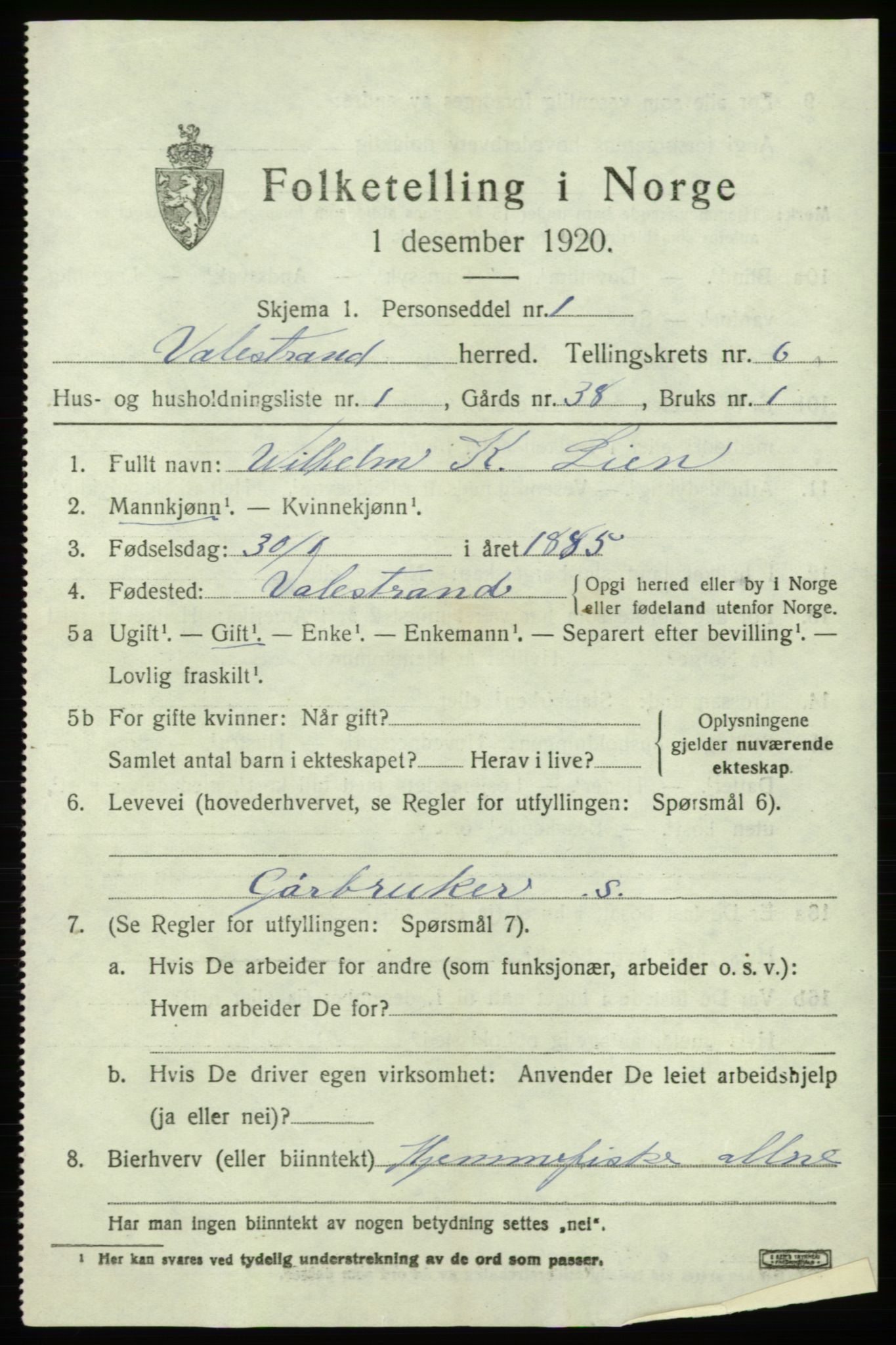 SAB, 1920 census for Valestrand, 1920, p. 2259