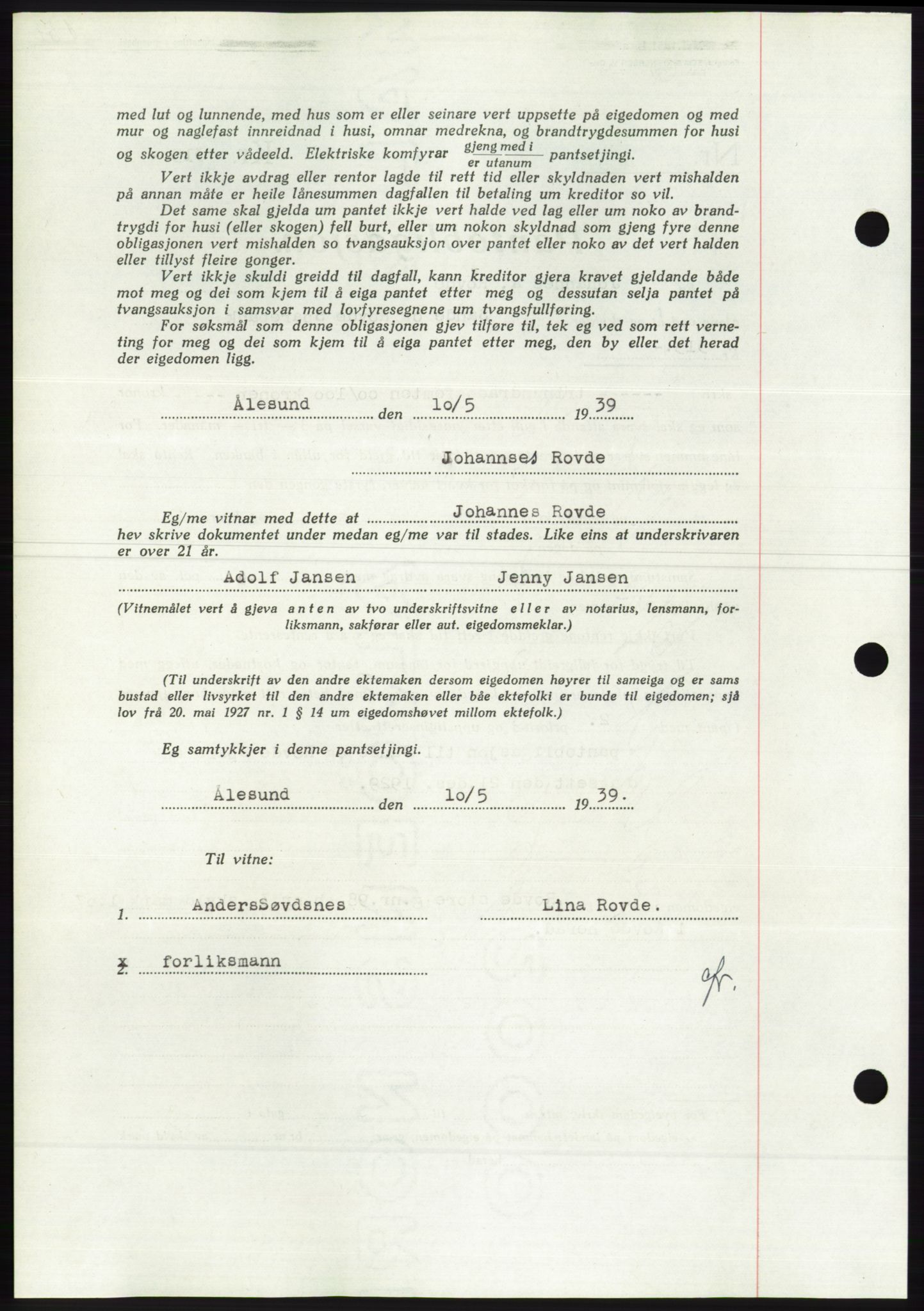 Søre Sunnmøre sorenskriveri, AV/SAT-A-4122/1/2/2C/L0068: Mortgage book no. 62, 1939-1939, Diary no: : 791/1939