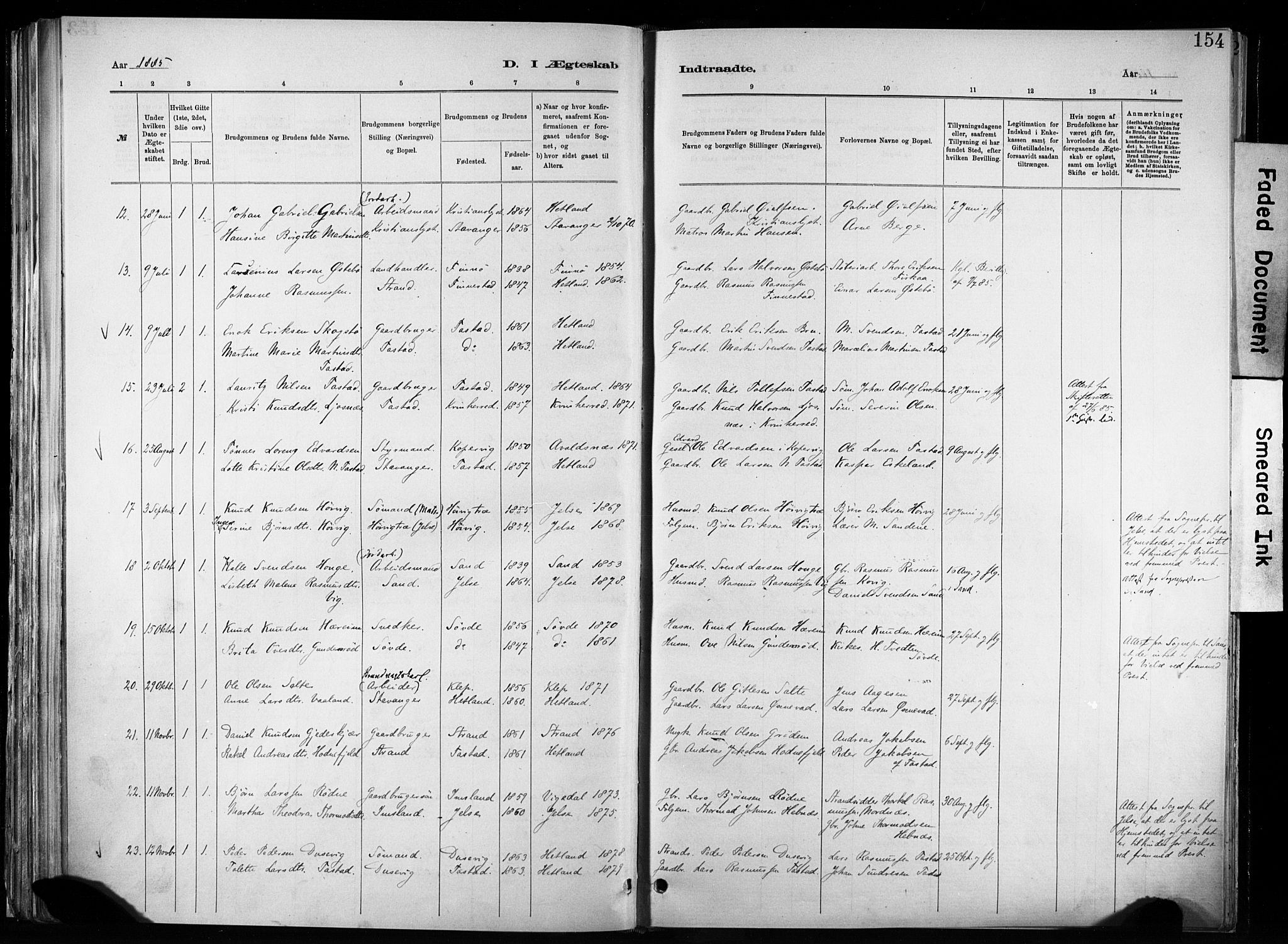 Hetland sokneprestkontor, SAST/A-101826/30/30BA/L0011: Parish register (official) no. A 11, 1884-1911, p. 154