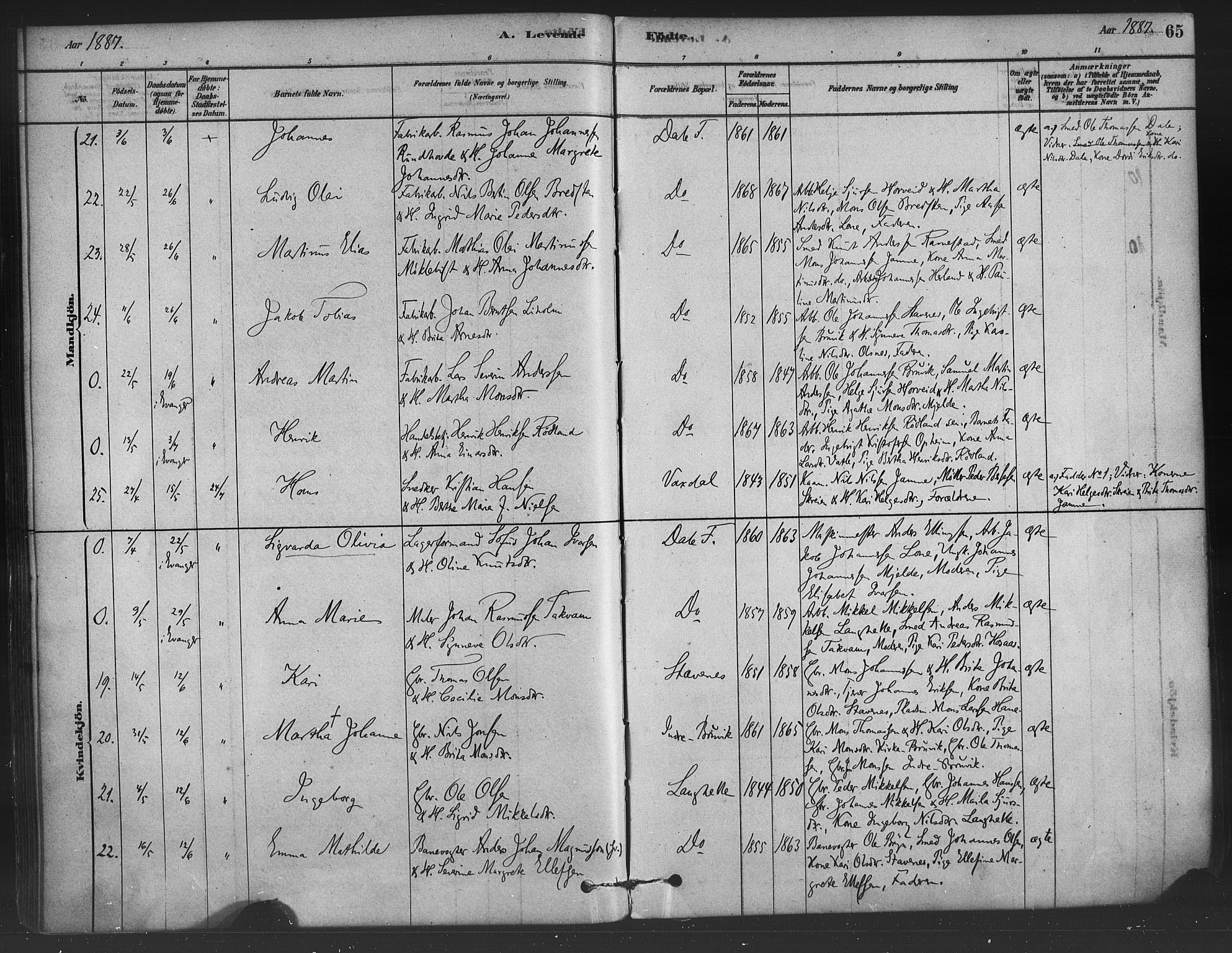 Bruvik Sokneprestembete, AV/SAB-A-74701/H/Haa: Parish register (official) no. B 1, 1878-1904, p. 65