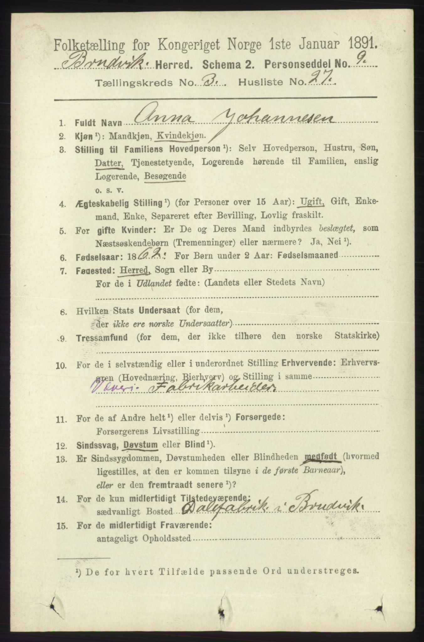 RA, 1891 census for 1251 Bruvik, 1891, p. 976