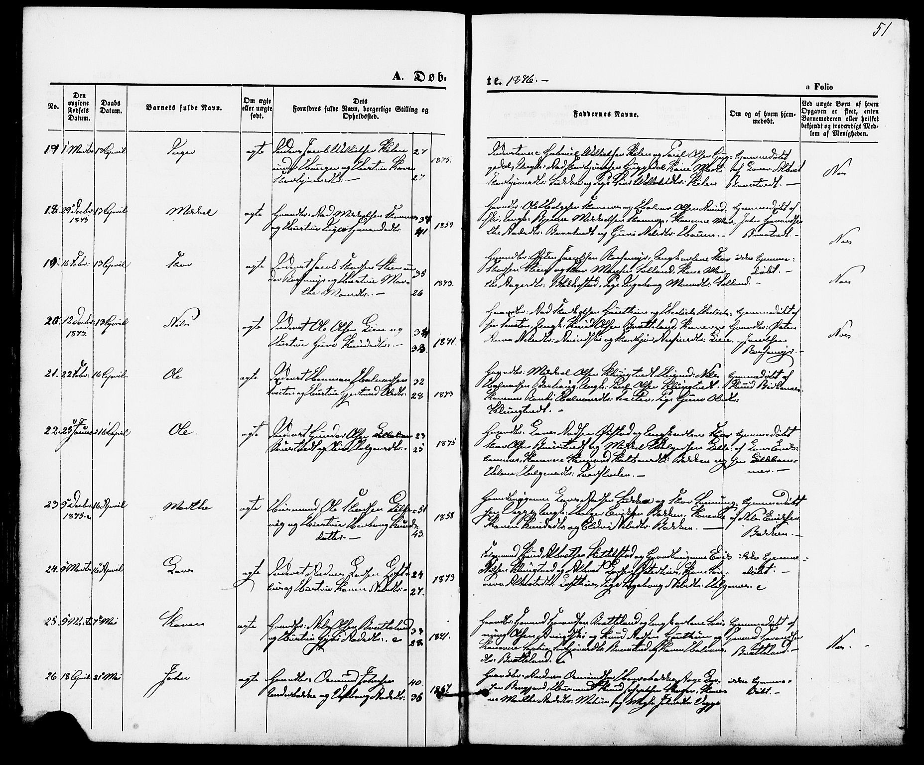 Suldal sokneprestkontor, AV/SAST-A-101845/01/IV/L0010: Parish register (official) no. A 10, 1869-1878, p. 51