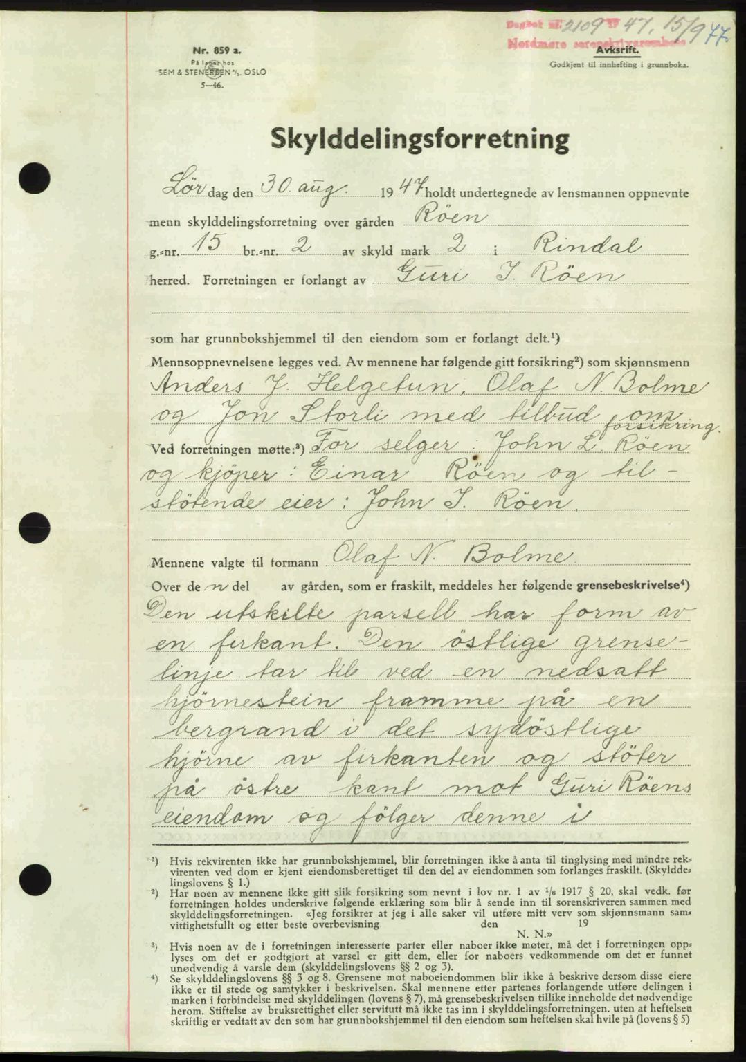 Nordmøre sorenskriveri, AV/SAT-A-4132/1/2/2Ca: Mortgage book no. A106, 1947-1947, Diary no: : 2109/1947