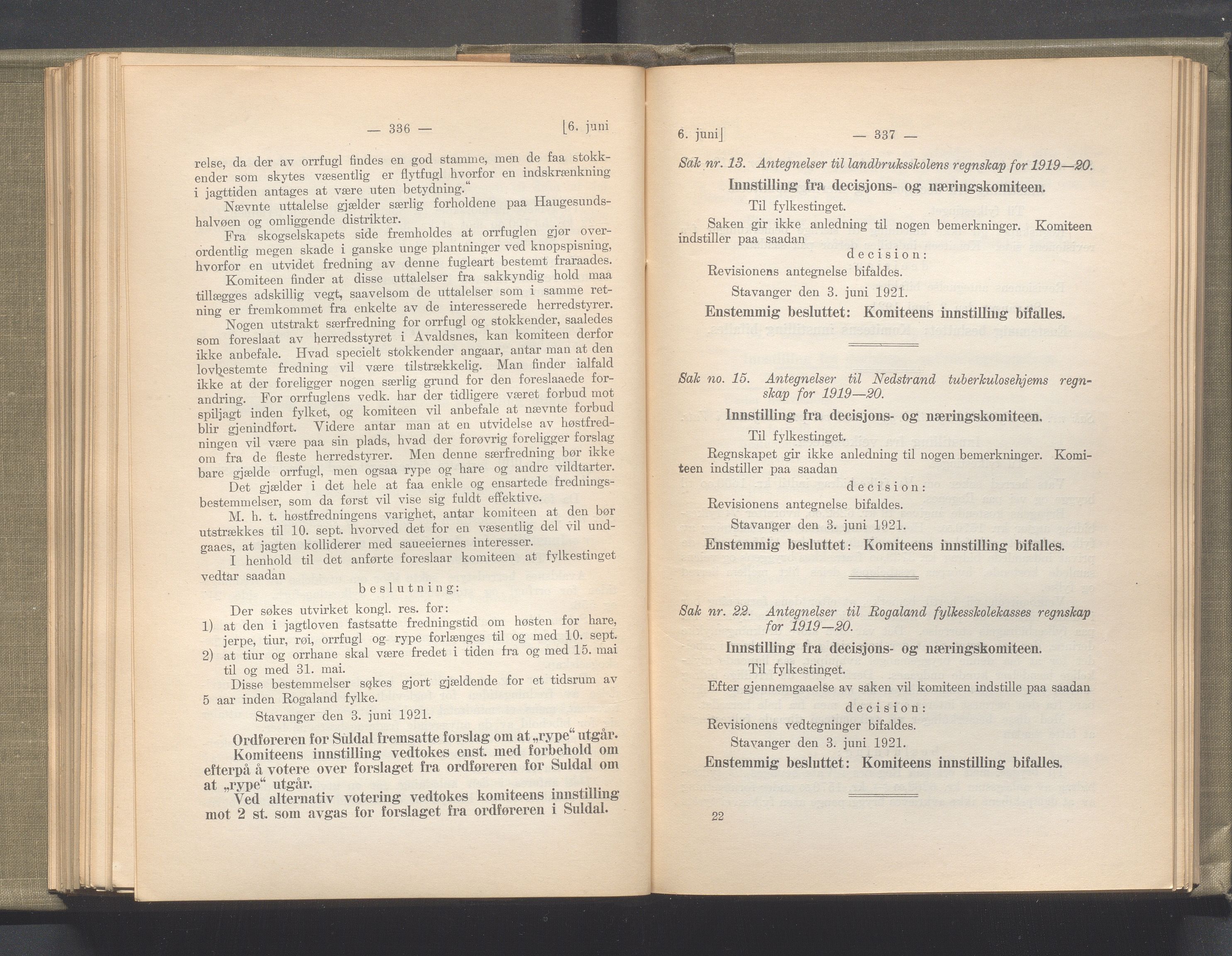 Rogaland fylkeskommune - Fylkesrådmannen , IKAR/A-900/A/Aa/Aaa/L0040: Møtebok , 1921, p. 336-337