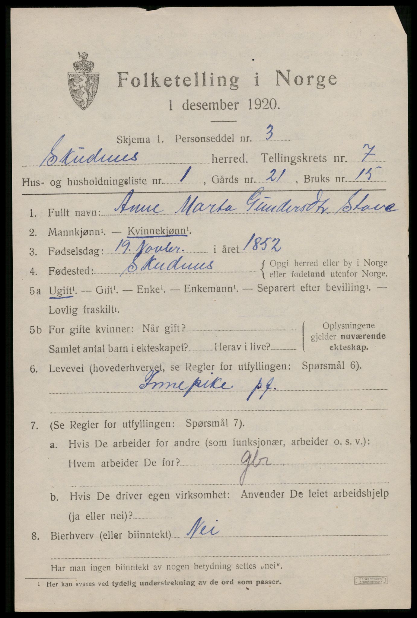 SAST, 1920 census for Skudenes, 1920, p. 5524