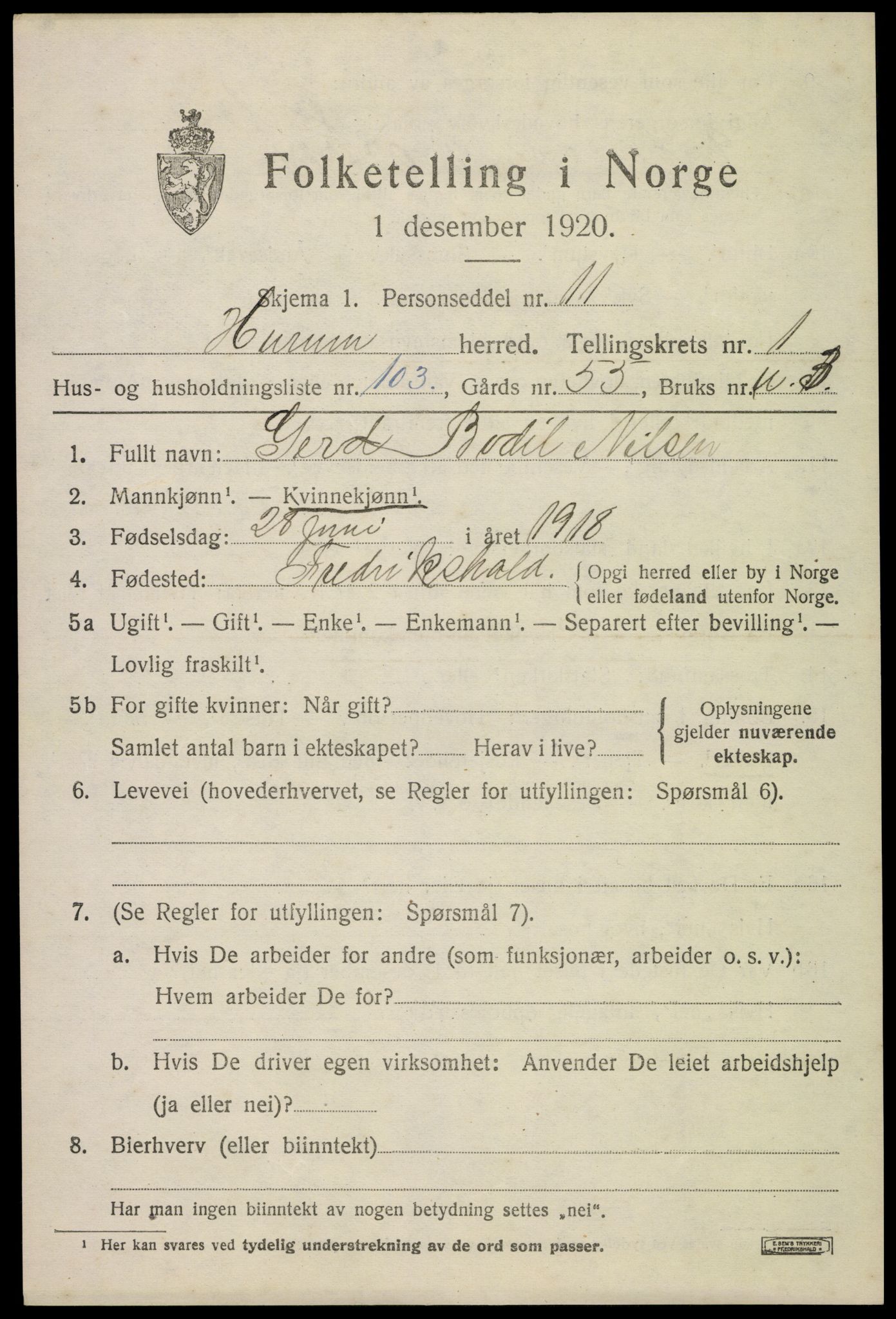 SAKO, 1920 census for Hurum, 1920, p. 3090