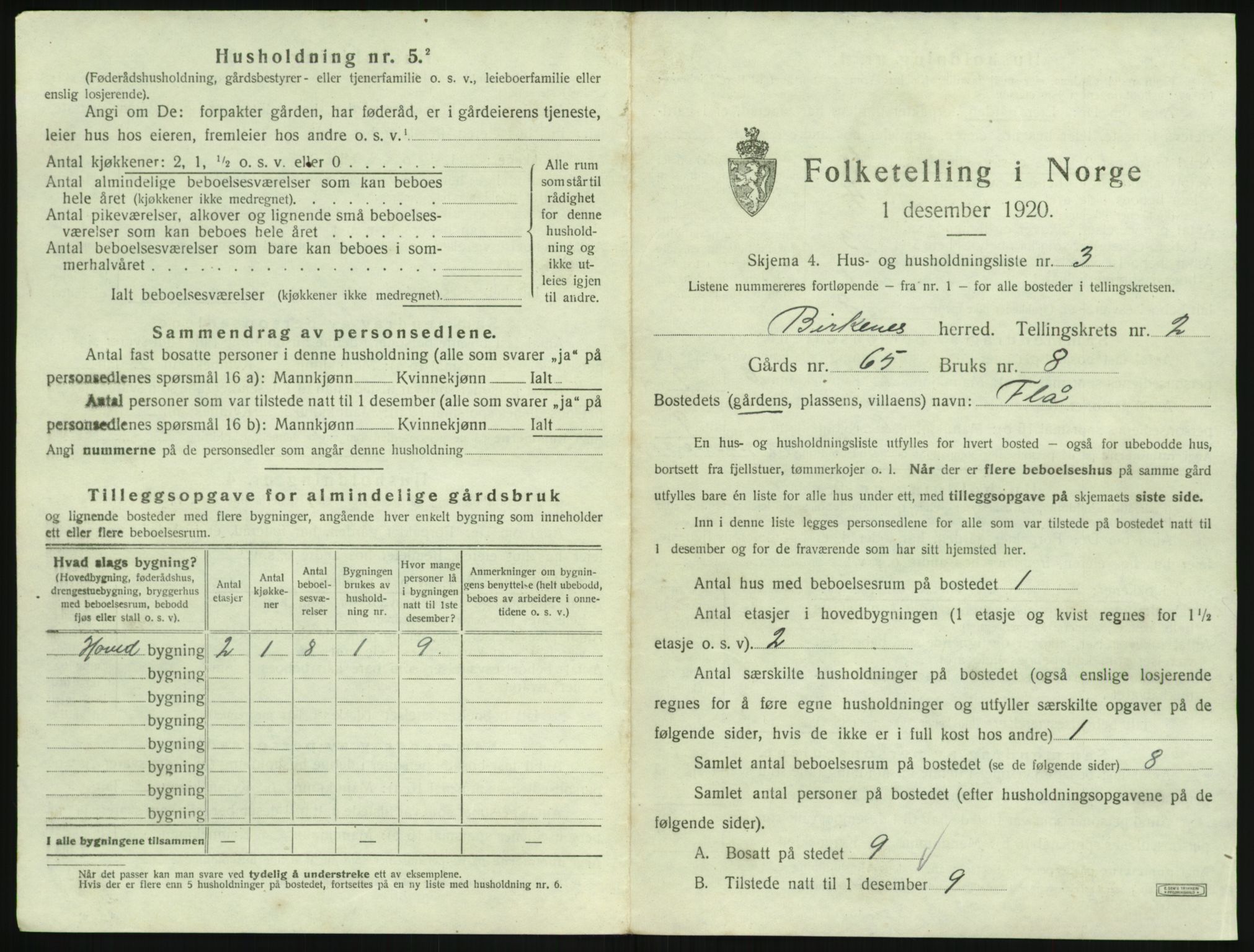 SAK, 1920 census for Birkenes, 1920, p. 95