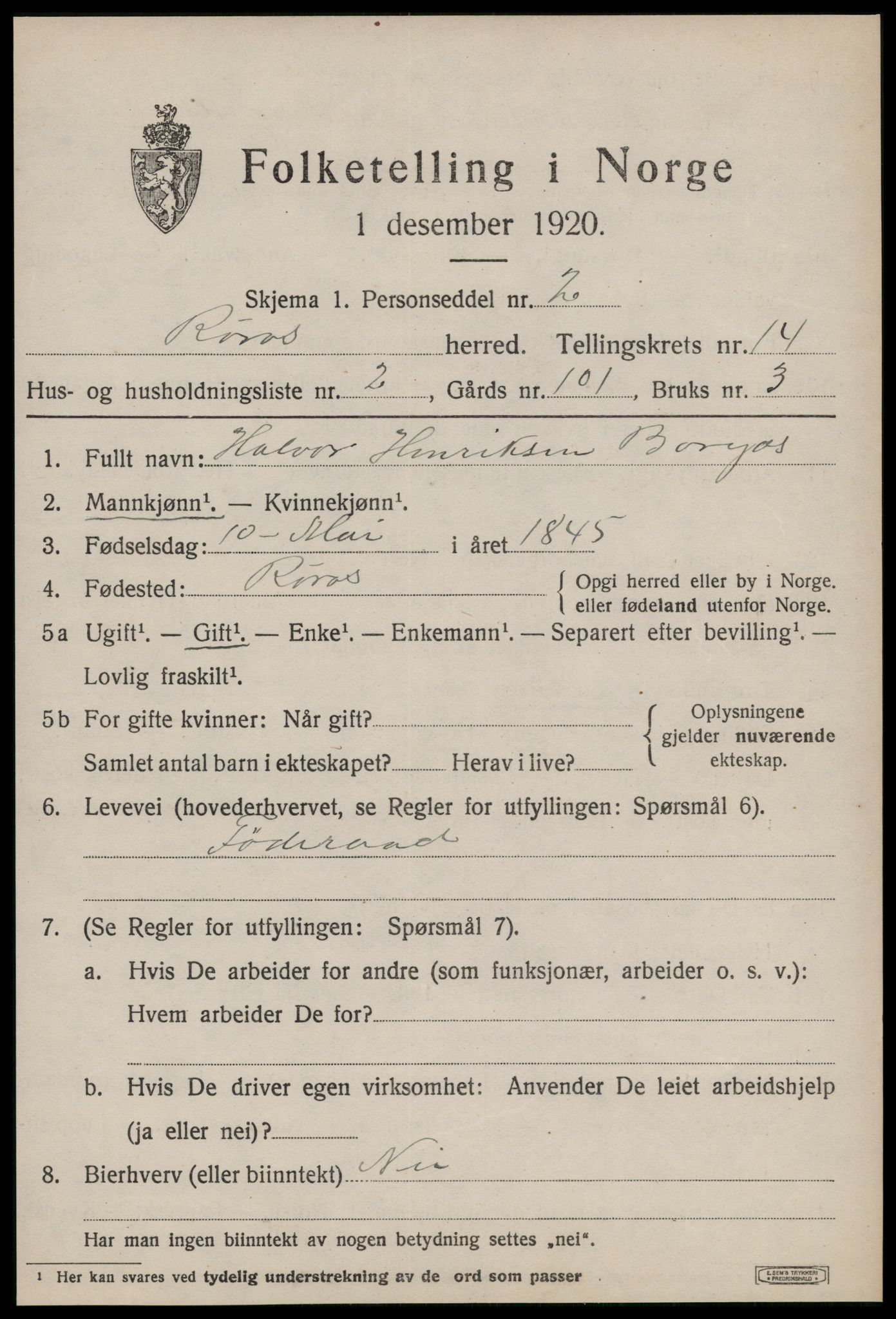 SAT, 1920 census for Røros, 1920, p. 9680