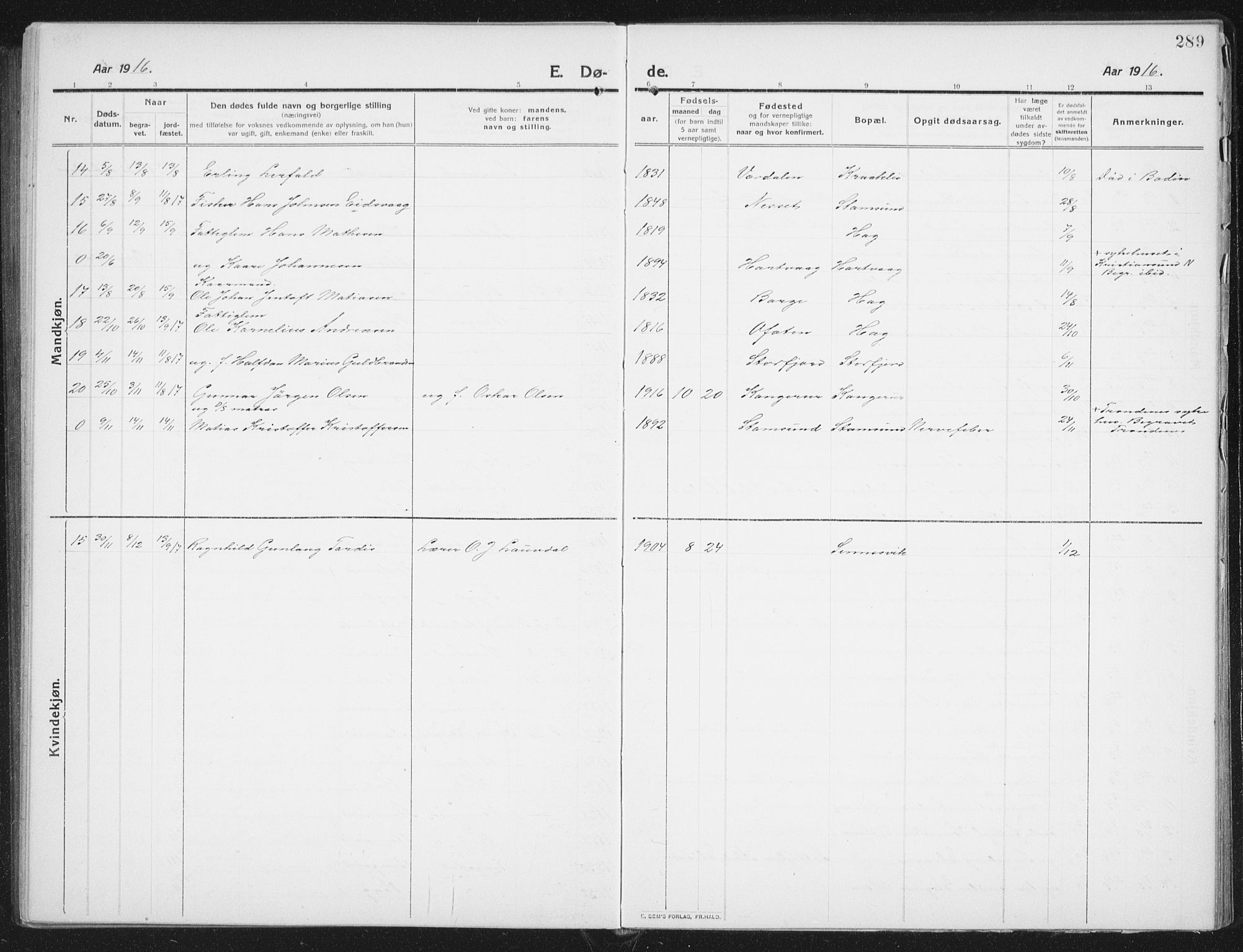 Ministerialprotokoller, klokkerbøker og fødselsregistre - Nordland, SAT/A-1459/882/L1183: Parish register (copy) no. 882C01, 1911-1938, p. 289